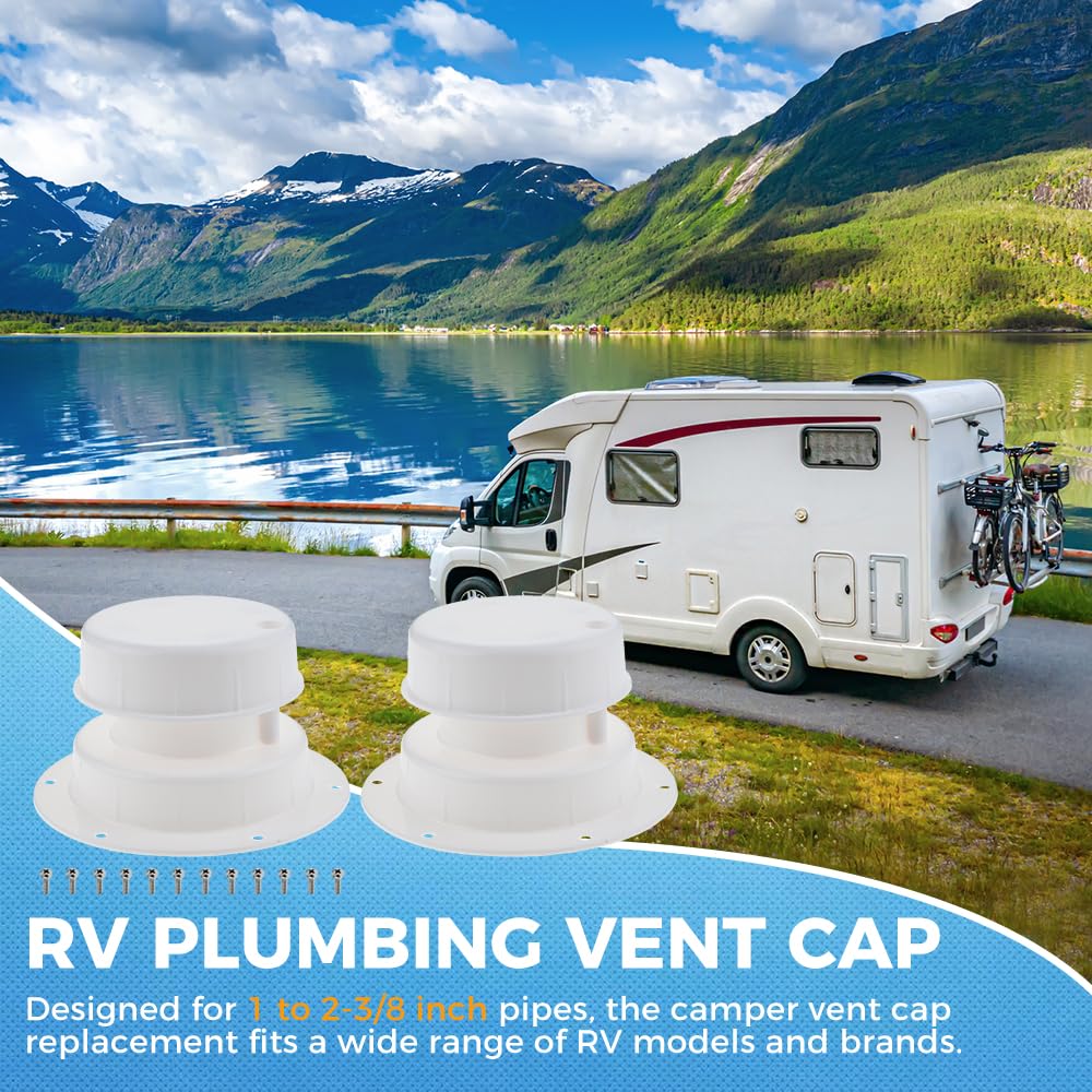 BESULEN 2-Pack RV Sewer Vent Cover Caps - ABS Plastic Roof Vent Replacement For 1" To 2-3/8" Pipe, White