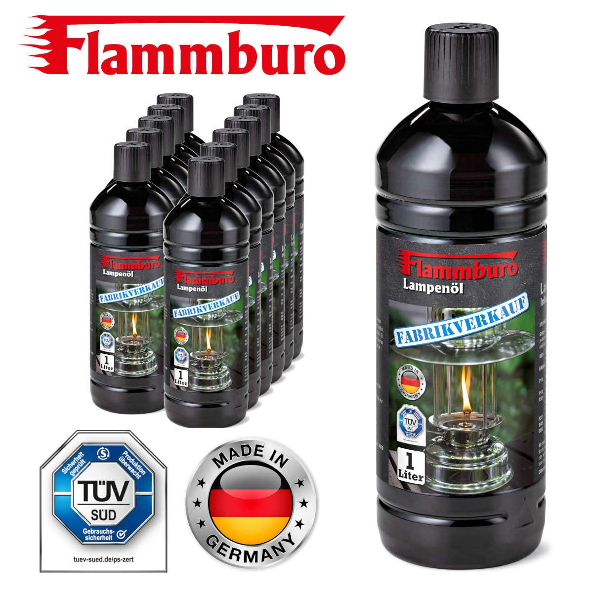 FLAMMBURO (12 Litri di Olio per lampade a Olio, 1000 ml, produttori Tedeschi, lampade a Petrolio, fiaccole da Giardino, Candele a Olio, Olio per Lampada