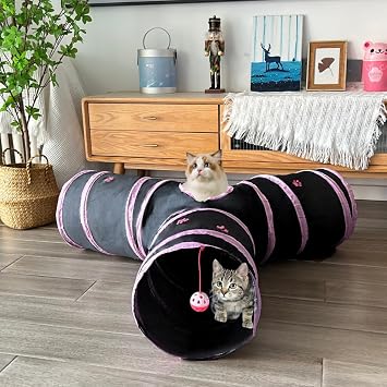 3-Way Collapsible Cat Tunnel Tube Toy Black Pink Paws | Interactive Play Tunnel by Hanging Ball & Peek Hole for Indoor Cats, Kittens, Puppies, Rabbits, Hours of Fun & Exercise