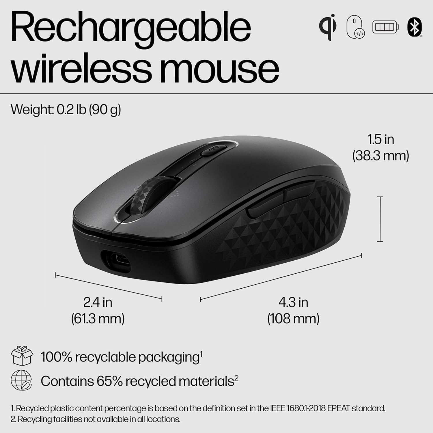 Diagram showing dimensions and eco-friendly features of HP 690 Rechargeable Wireless Mouse