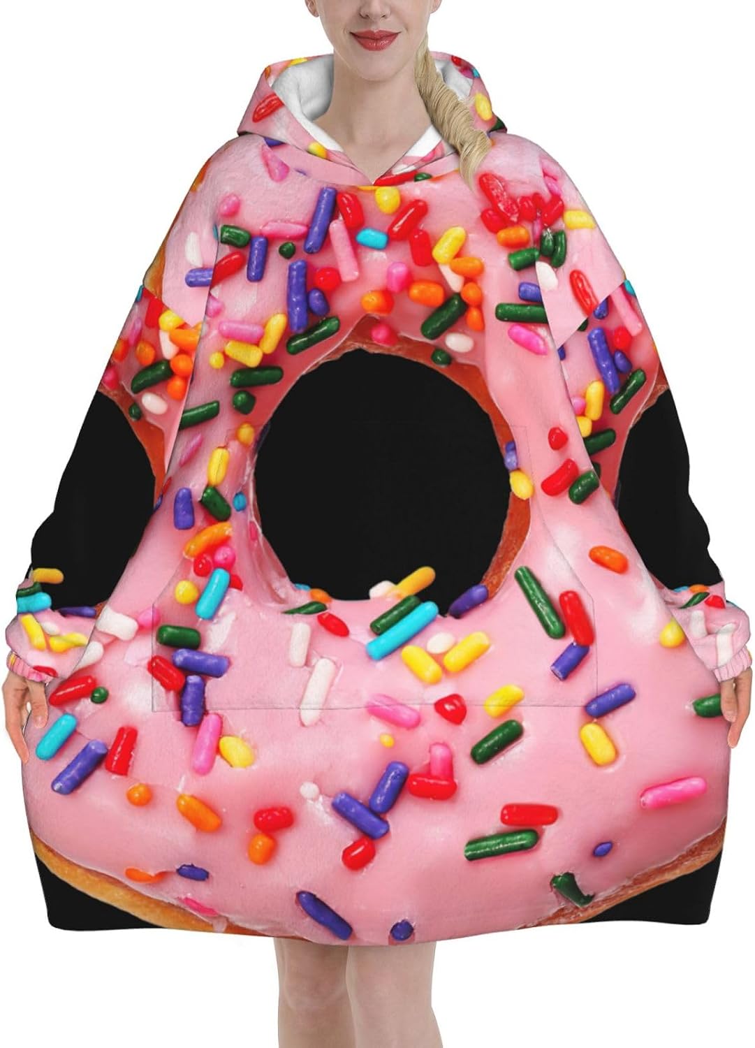Strawberry Donutprint Oversized Hoodie Blanket, Super Soft Warm Comfortable Hoodie, Wearable Blanket Adult