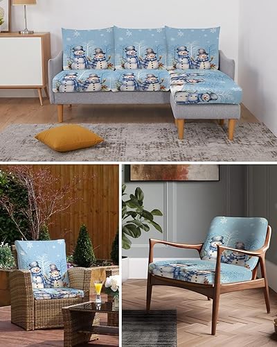 Miniatura 6 de Blue Snowman Christmas Couch Cushion Covers, Stretch Sofa Cover with Elastic Bottom, Snowflake Winter Xmas Tree Sofa Slipcovers Protector Washable