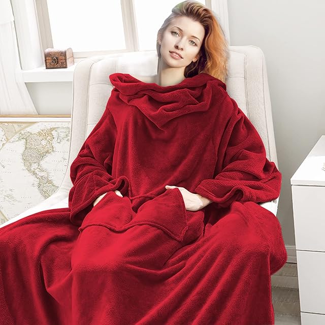 Faburo Wearable Snuggle Blanket with Sleeves and Pocket for Women, Cosy and Warm TV Blanket for Bed Couch, Flannel Fleece Soft Throw Winter Blanket, 1.5 x 1.8m, Burgundy