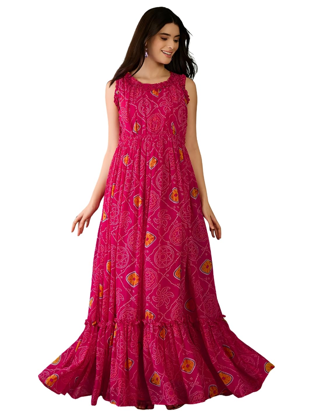 naixa Women's Silk Chiffon Bandhani Printed Tiered Flared Maxi Dress | Sleeveless | Round Neck | Casual | Western Gown Dress-picture-47