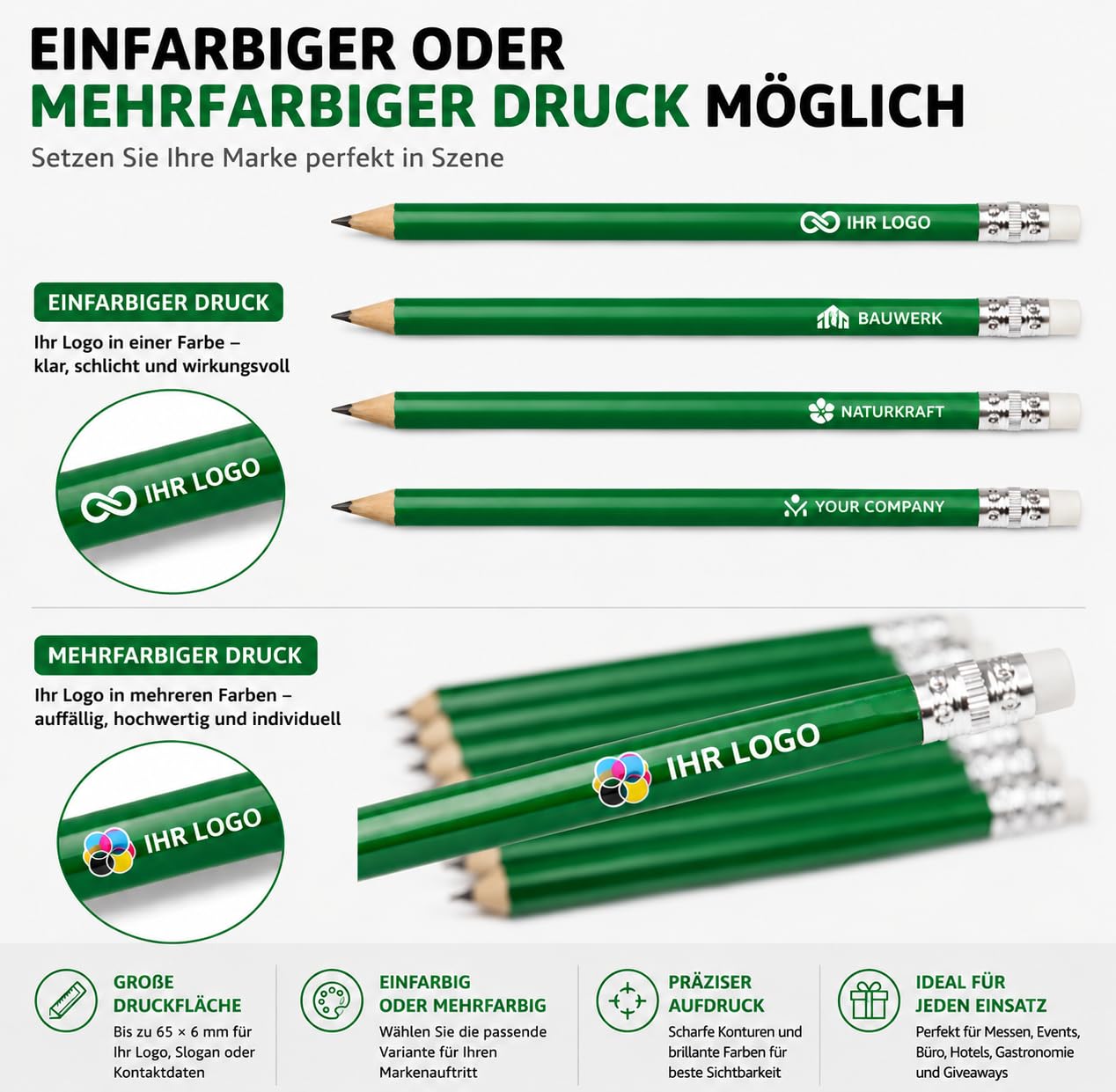 WPRO Werbebleistift mit Logo 100 Stück personalisiert, HB Bleistift mit Radierer, Druckfläche 65x6 mm, einfarbiger oder mehrfarbiger Aufdruck für Messe Büro Hotel Gastronomie