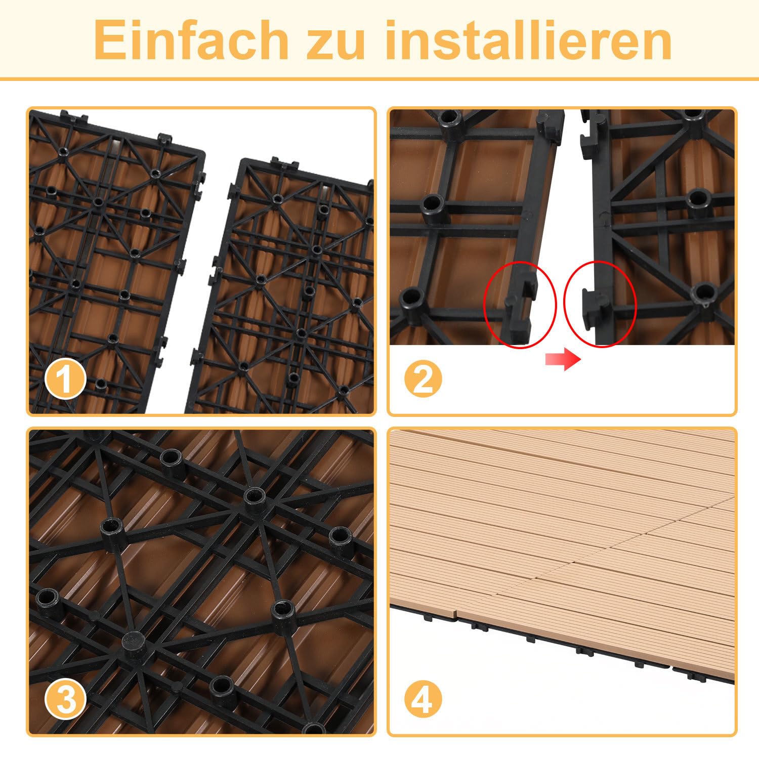 Piastre per terrazze in WPC, 30 x 60 cm, colore teak, 18 pezzi (3 m²) con sistema a clic, adatte all'acqua, effetto legno, facile da pulire, per balcone (piastrelle a scatto in PC)