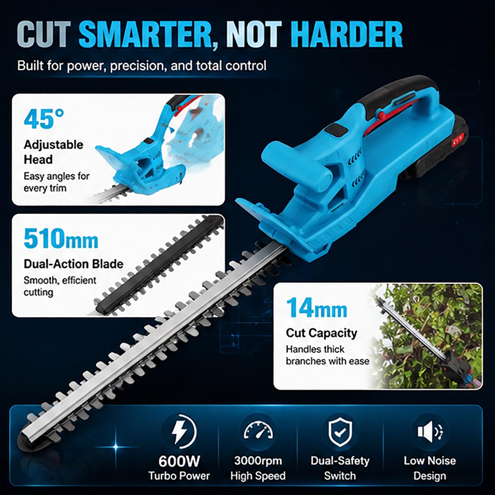 Bezprzewodowe nożyce do żywopłotu z 2 akumulatorami i ładowarką, kąt obrotu 45 stopni, elektryczne akumulatorowe nożyce do żywopłotu o mocy 600 W, ostrze 510 mm, cięcie 14 mm, 3000 obr./min, lekka pod