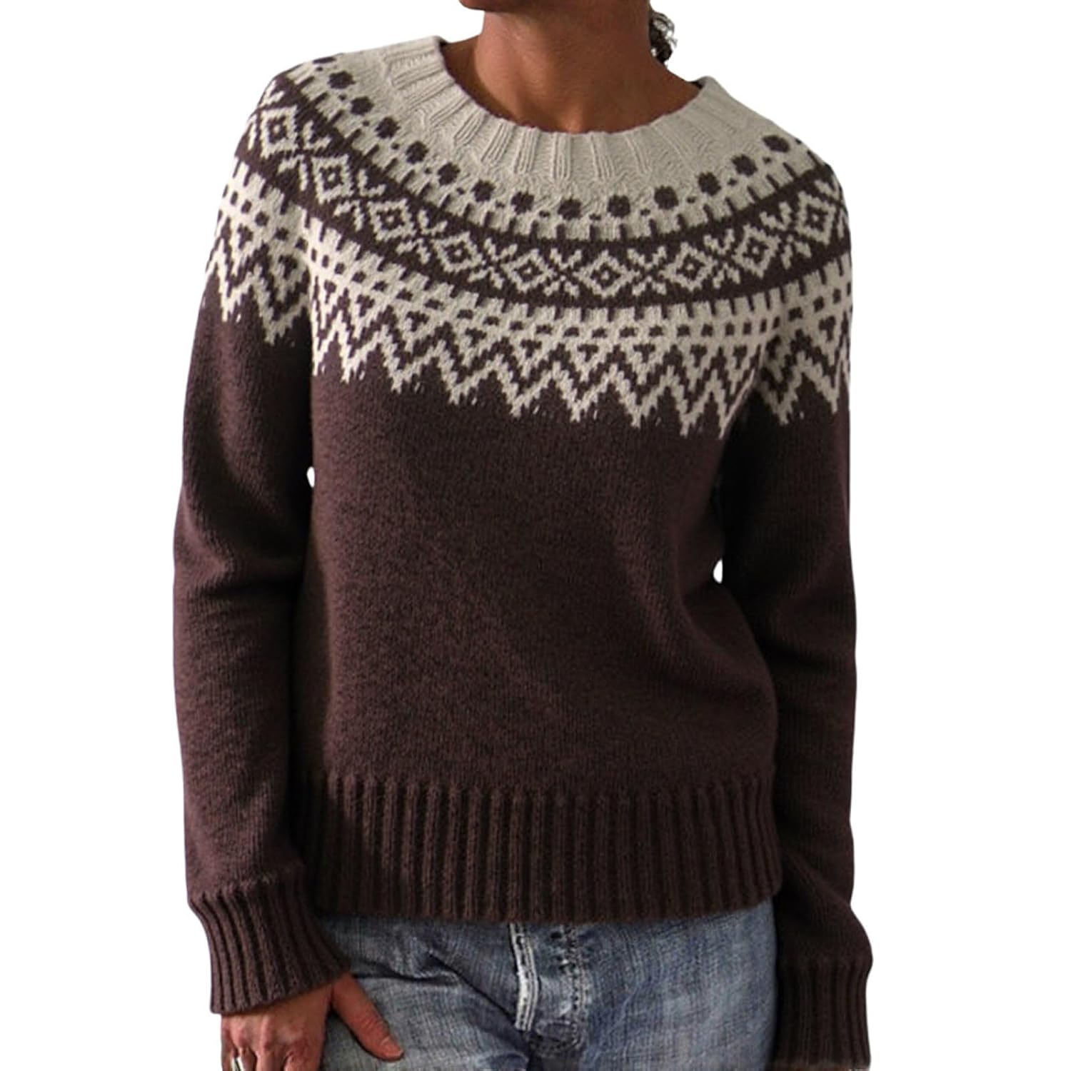 Womens Vintage Sweater Fair Isle Crewneck Long Sleeve Pullover Top Fall Winter Outfits