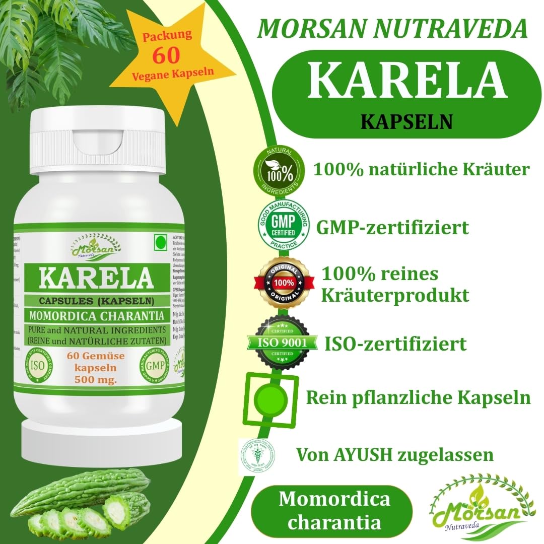 Bitter Melon-Kapsel 500 mg. 60 Veganer. Einheiten | Karela (Momordica charantia) Extrakt-Kapseln für Männer und Frauen | Ayurvedische Kräuterergänzung | 10:1 Stärke (1 Flasche mit 60 Kapseln)