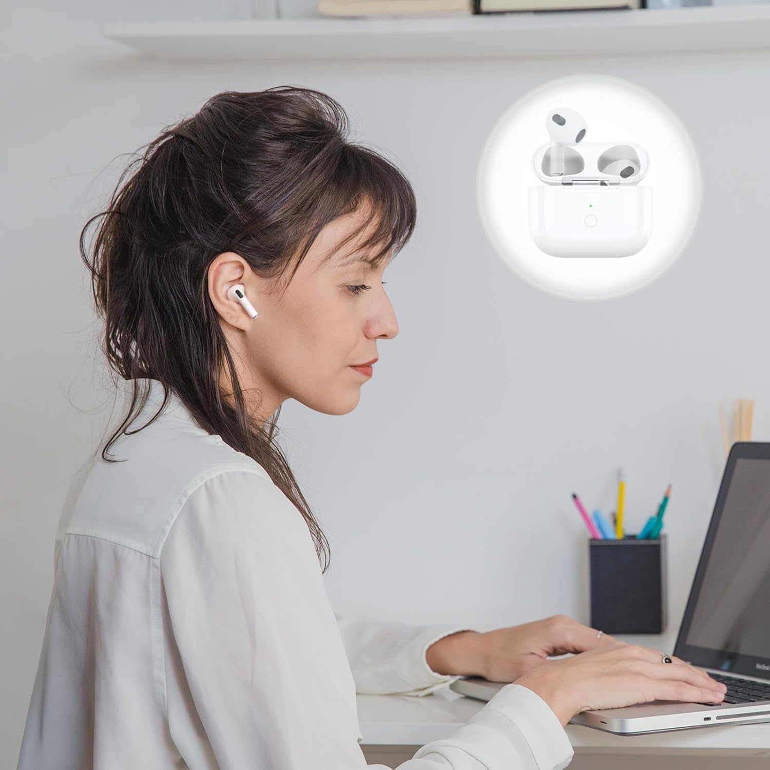 Wireless Charging Case Compatible with Air Pods 3, Compatible with AirPods 3rd Generation Charging Case with 600mAh Built-in Battery with Pairing Sync Button (No Earbuds), White