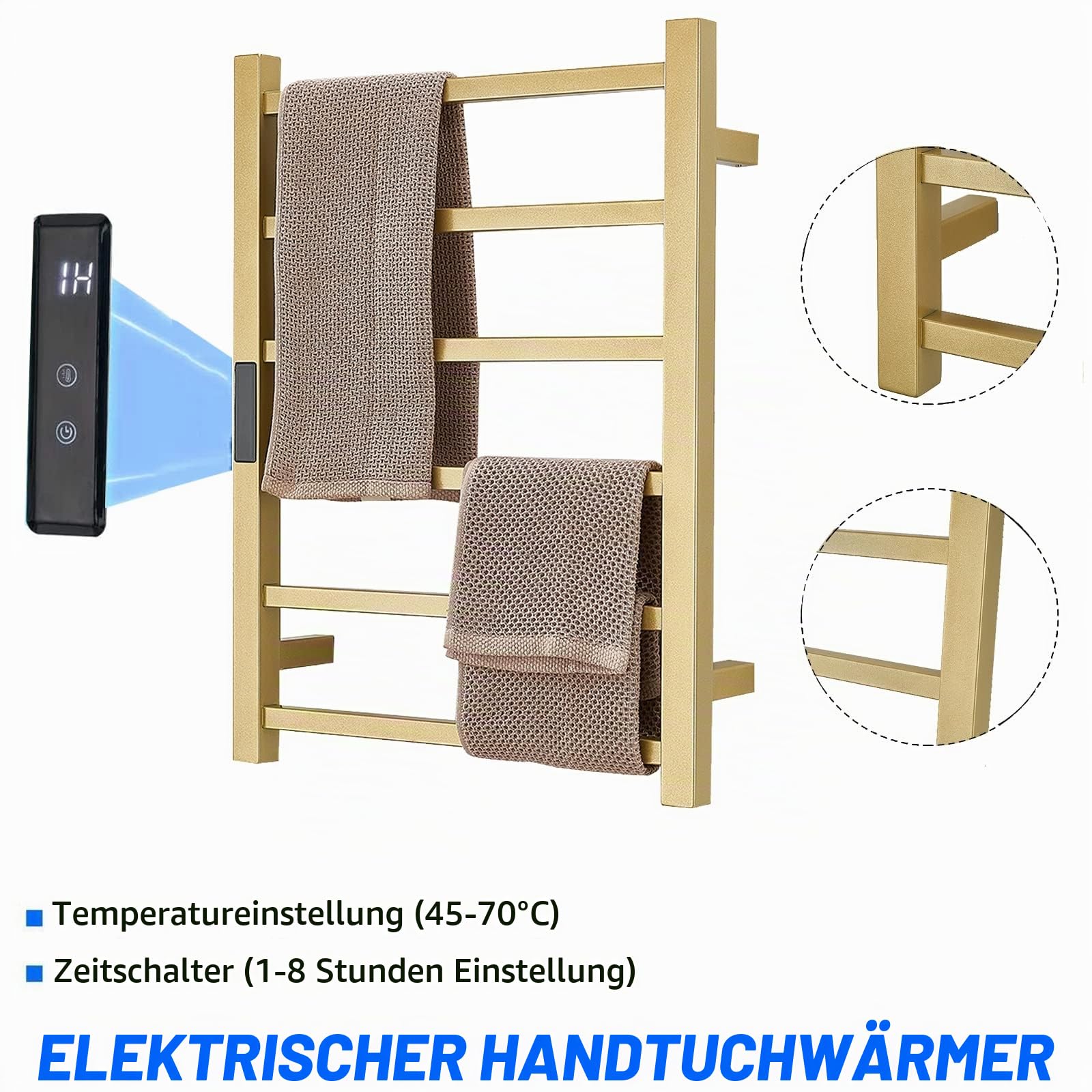 Gold Beheizte Handtuchhalter Handtuchheizkörper, Wandmontierter Elektrisch Badheizkörper Handtuchtrockner Mit Timer, 304 Edelstahl Thermostat Beheizter Handtuchhalter, 60X45cm,Hardwired