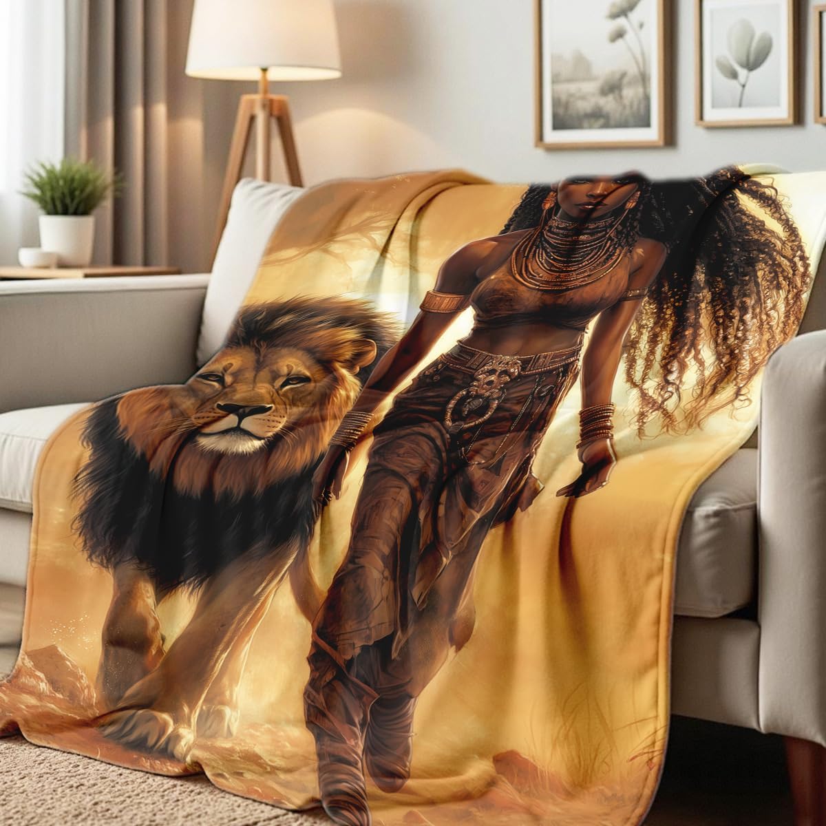African American Throw Blanket Lion Animals and Black Women Print Blankets Soft Flannel Bedding for Couch Bed Room Home Decor (49"x59")