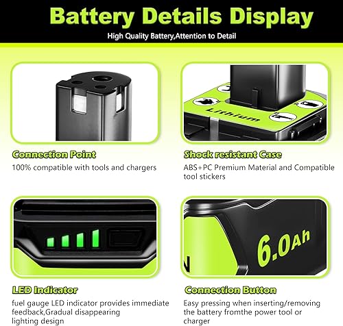 Miniatura 4 de Repuesto para batería Ryobi de 18 V paquete de 2 6.0Ah para batería Ryobi de litio de 18 V P108 P102 P107 P109 Herramientas eléctricas inalámbricas