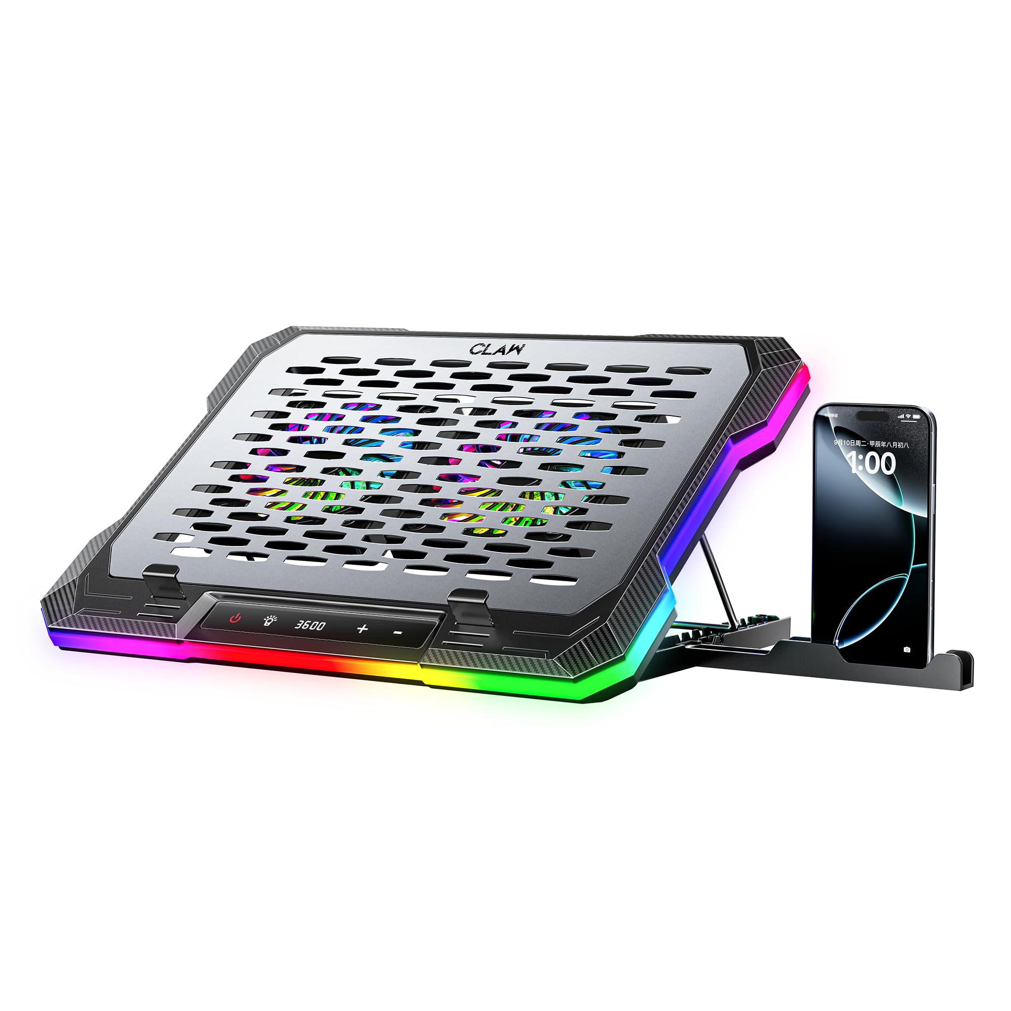 CLAW Wind Pro K6 Laptop Cooling Pad with Display & 2x120mm Magnetic Removable Fans, 3600RPM Cooling, 8-Level Adjustable Height, 10 RGB Modes, USB & Type-C Ports, Metal+ABS Build, 10–19” Laptops