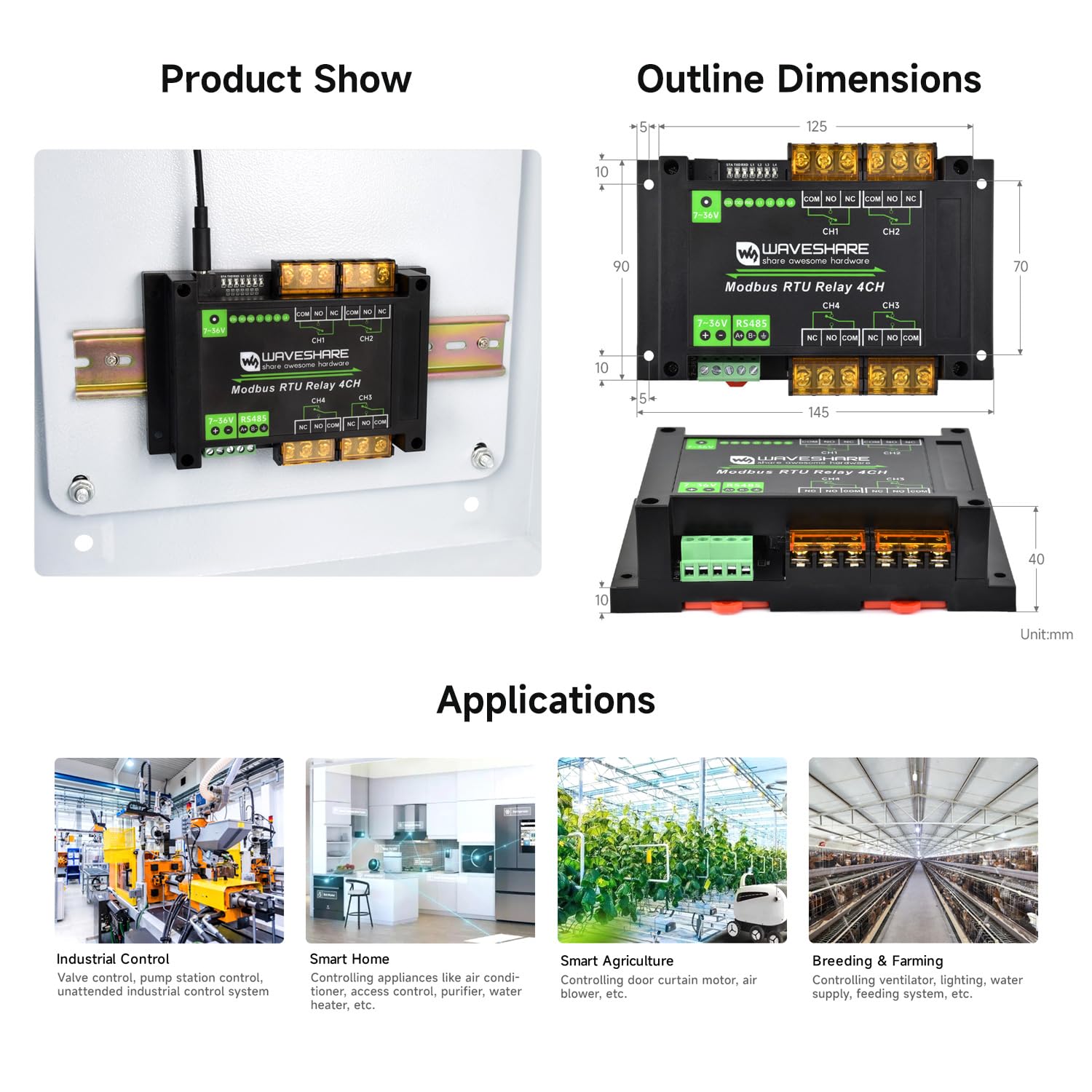 Waveshare Industrial Modbus RTU 4-Ch Relay Module With RS485 Interface, 30A High Current, Onboard LED Indicators, Multi Isolation Protection Circuits, Industrial Grade Rail-Mount Case