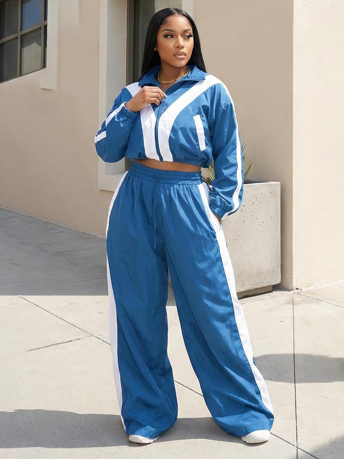 Angsuttc Track Suits for Women Set Color Block Two Piece Long Sleeve Cropped Jacket and Wide Leg Pants Outfits - Image 5