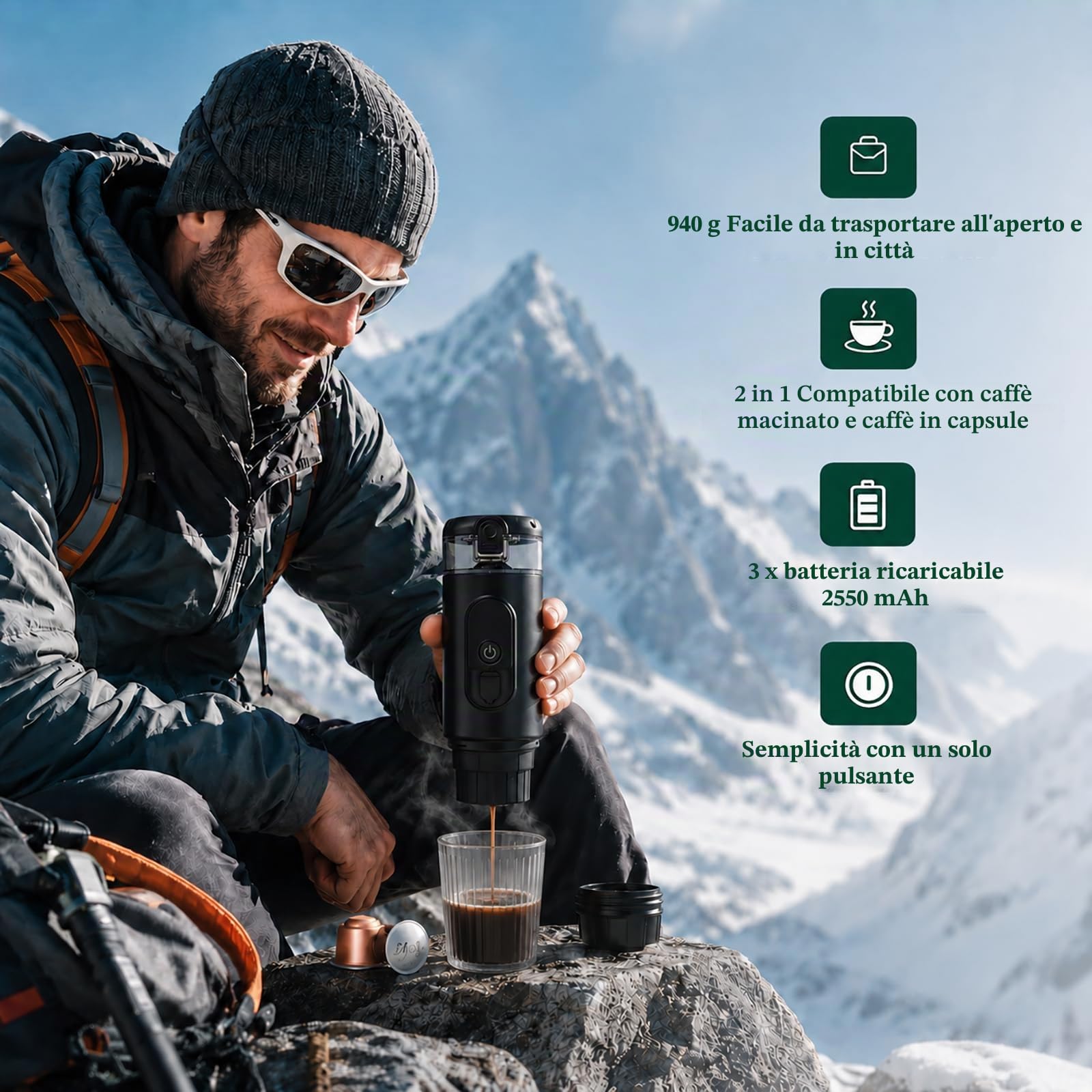Macchina da caffè espresso portatile, 20 bar, ricaricabile, 2 in 1, per caffè macinato e capsule Nespresso, estrazione calda/fredda con tazza integrata, per campeggio, viaggi, ufficio e casa