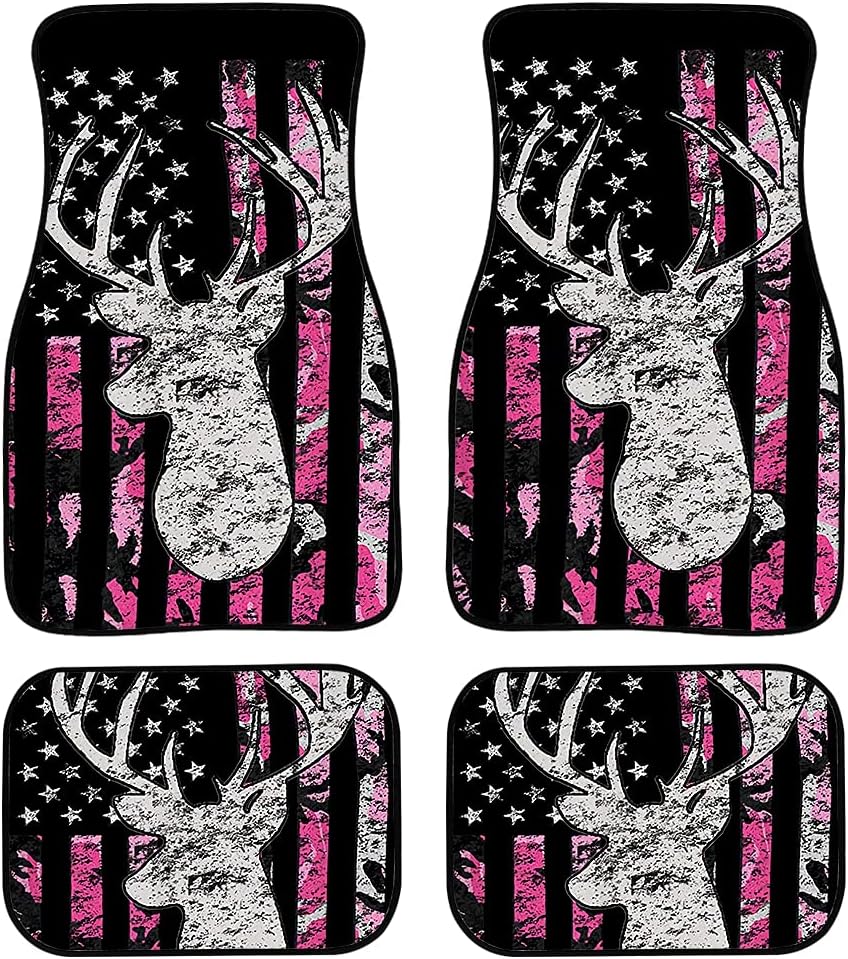 FKELYI Universal Car Floor Mats Carpet Set with Pink American Flag Camo Deer Hunting Design Water Absorbent Auto Interior Rugs Fit All Weather