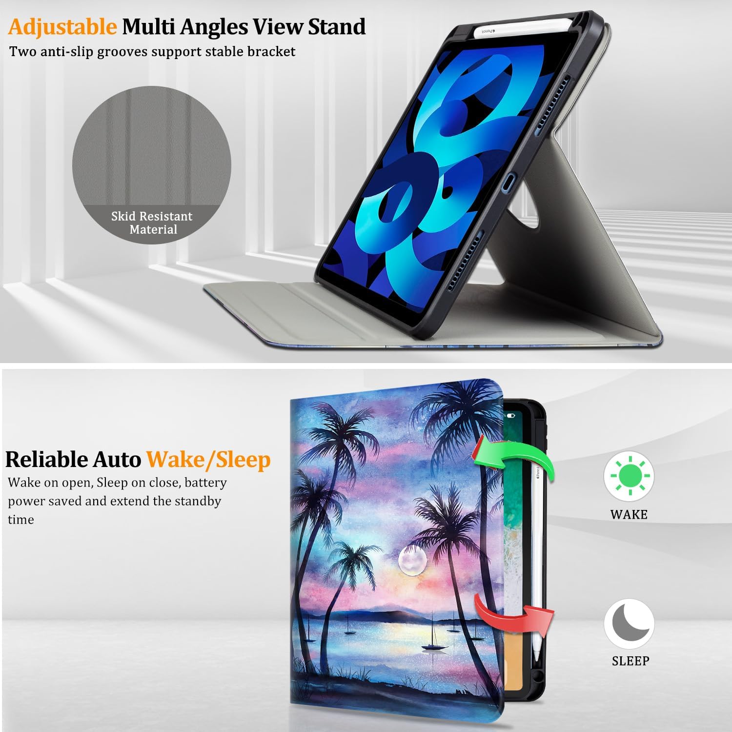 Lokigo Rotating Case for iPad Air 11" M4/M3/M2 (2026/2025/2024), iPad Air 5th/4th Gen (2022/2020) 10.9“, iPad Pro 11” (4th/3rd/2nd/1st), 360 Degree Stand Cover with Pencil Holder, Purple Coconut Tree