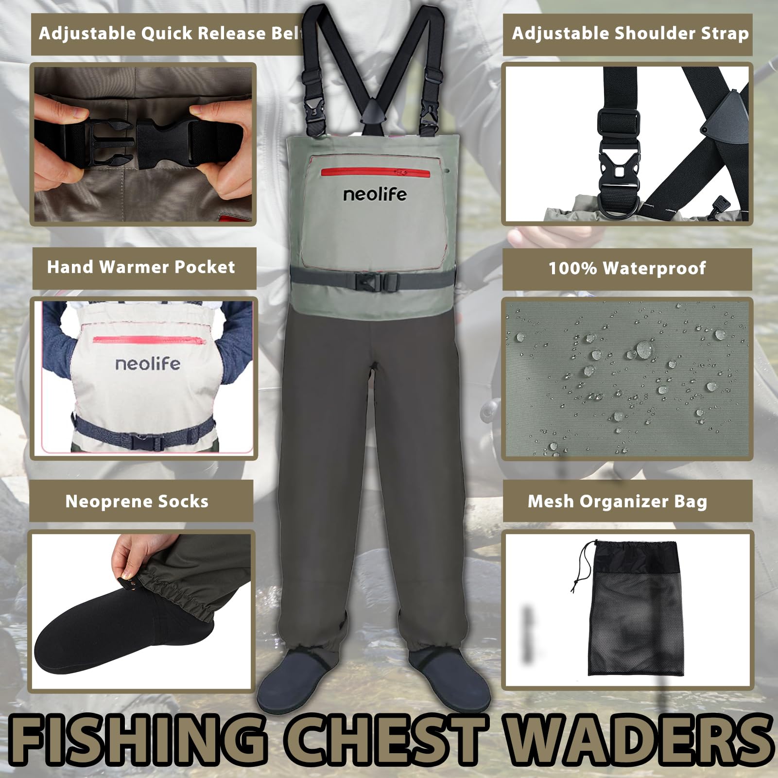 Wathose für Damen und Herren, 3-lagig, atmungsaktiv, wasserdicht, Jagdwathose mit Taschen und Neoprenstrumpf