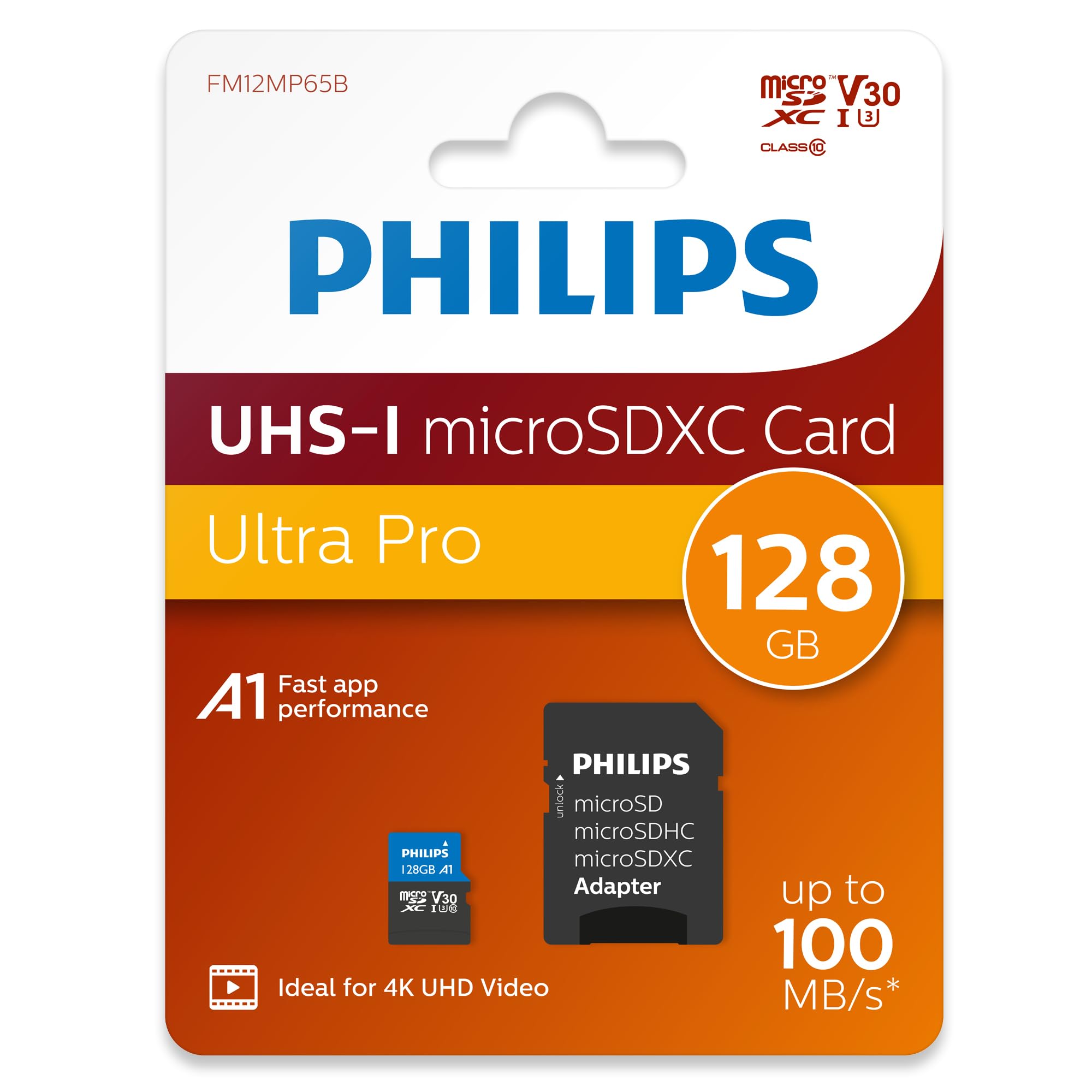 Philips Ultra Pro microSDXC Card 128 GB+adattatore SD UHS-I U3,velocità di lettura fino a 100 MB/s,A1 Fast App Perf,V30,scheda di memoria per smartphone,tablet,PC,lettore di schede,video 4K UHD