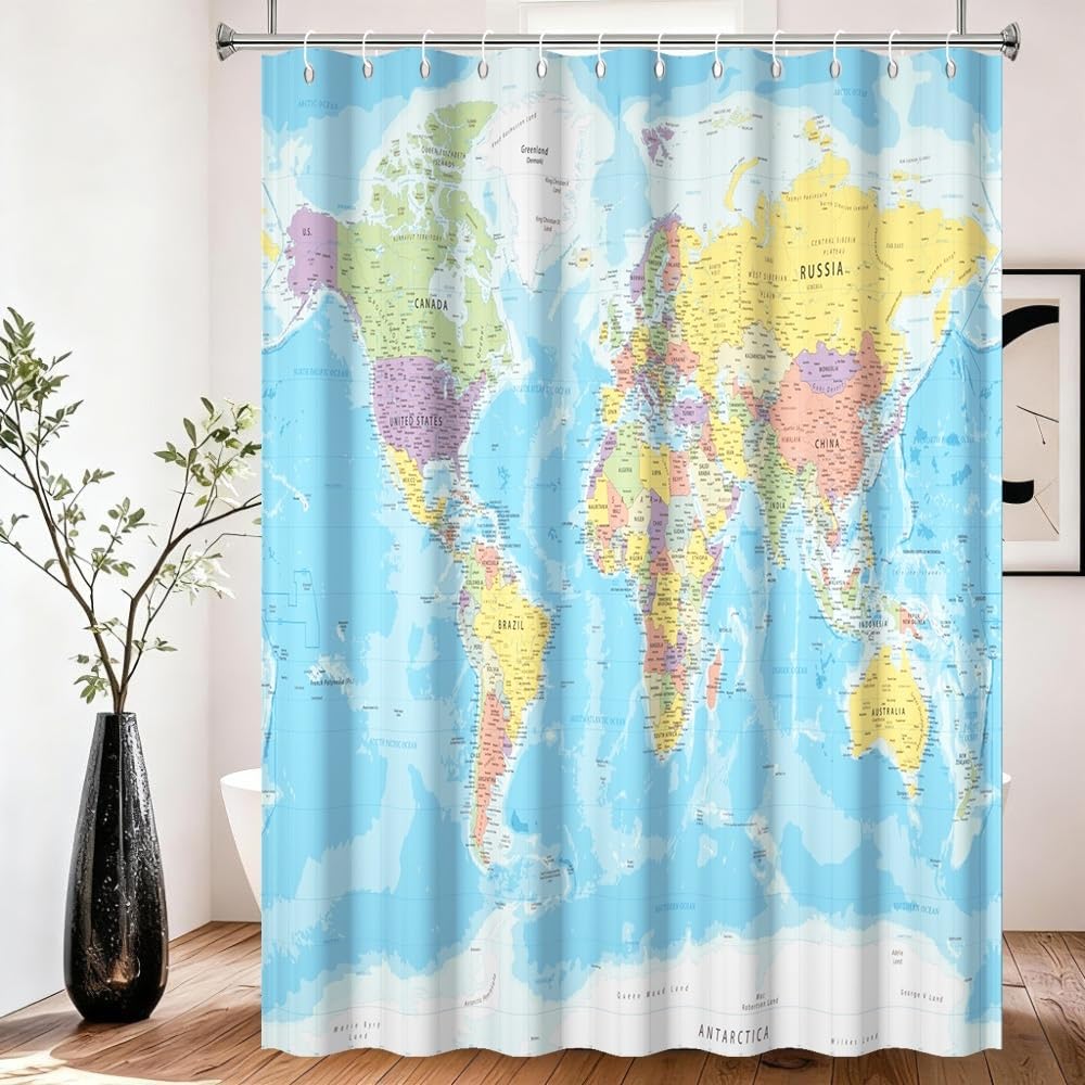 Tenda da doccia con mappa del mondo Tenda da bagno con oceano blu e continenti Mappa del mondo Geografia Tenda da doccia Tessuto impermeabile lavabile in lavatrice 200x180cm