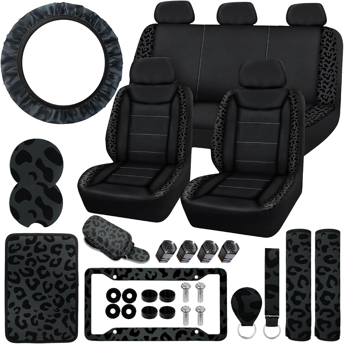 23 Pcs Leather Car Seat Cover Full Set for Women,Universal Car Seat Cover,Print Printing Car Steering Wheel Cover Center Console Armrest,Sunglass Holder Accessories Full SUV(Black leopard print)