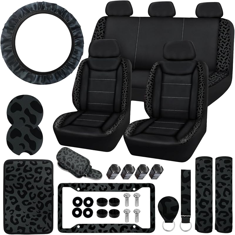 23 Pcs Leather Car Seat Cover Full Set for Women,Universal Car Seat Cover,Print Printing Car Steering Wheel Cover Center Console Armrest,Sunglass Holder Accessories Full SUV(Black leopard print)