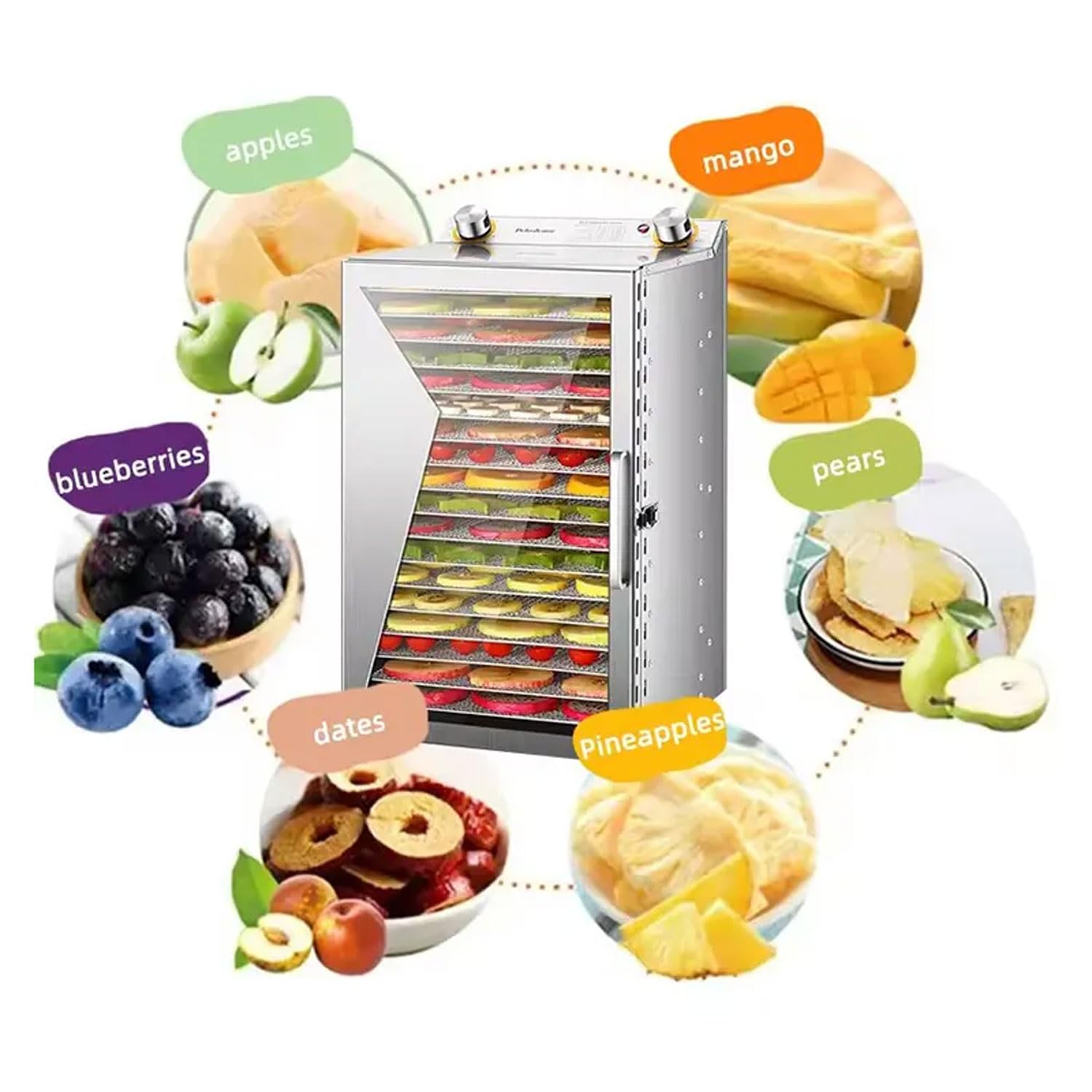 Liofilizador De 18 Capas, Secador De Alimentos Comercial De Acero Inoxidable De 650 W con Secado por Aire 360°, Tiempo: 0-12 H, 35-90 ℃ Control De Temperatura, para Supermercados, Restaurantes