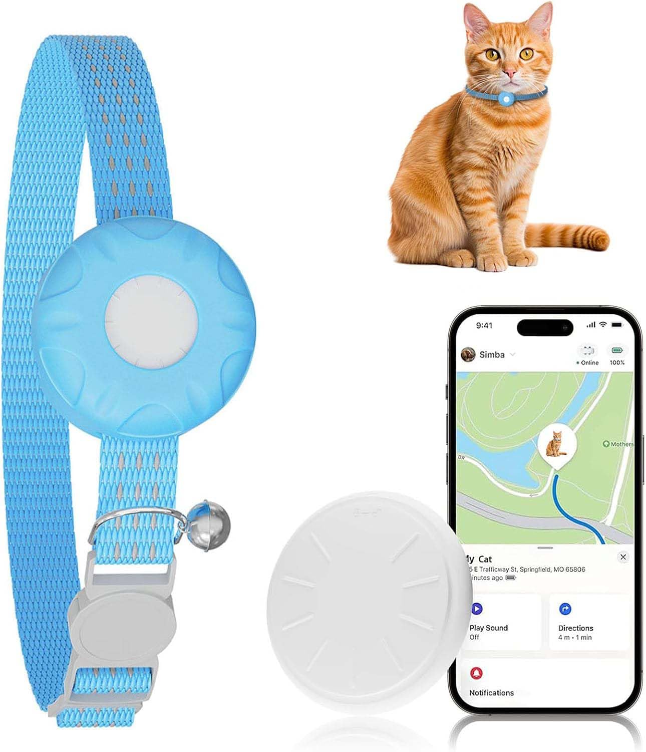 Cat Tracker, GPS Tracker Compatible with Apple Find My App(Only iOS), Waterproof Cat Trackers Collar with Bell and Safety Elastic Buckle, No Monthly Fee Pet Tracker, Up to 1-Year Battery, Blue