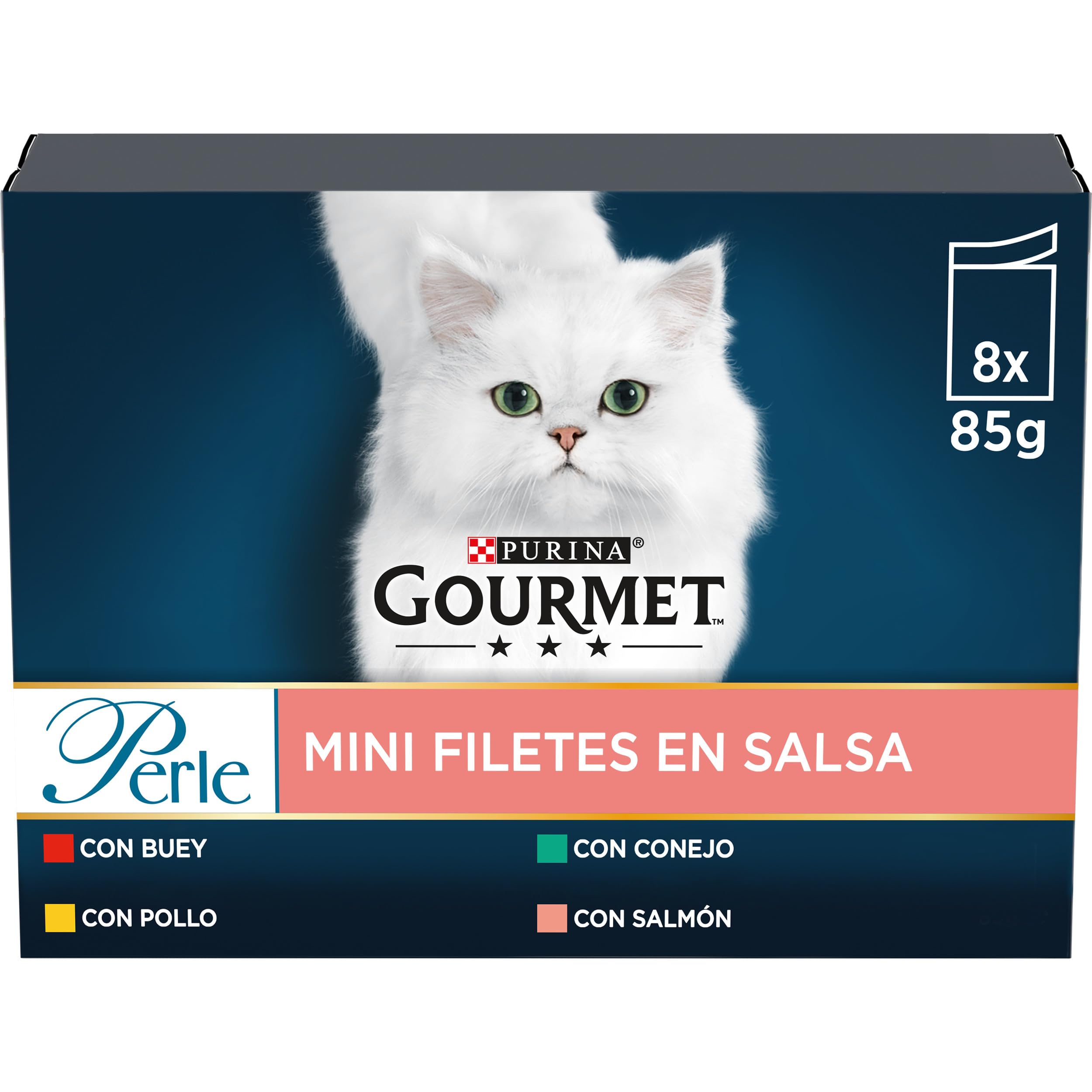 Purina Gourmet Perle Mini Filetes en Salsa, Comida Húmeda para Gato con Buey, Pollo, Salmón y Conejo, 10 Paquetes de 8 Sobres de 85g - 80 Sobres