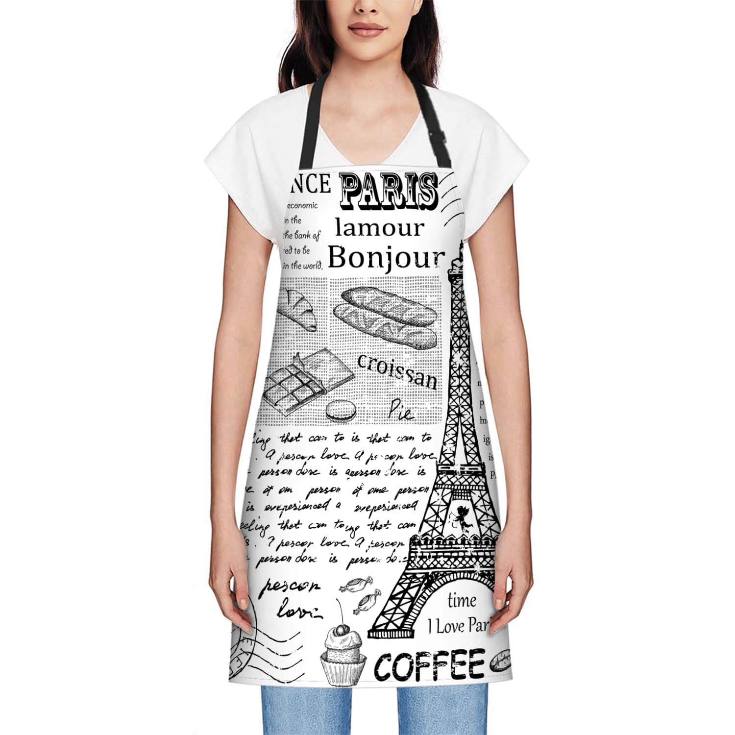 Smooffly Retro Postcard with Eiffel Tower in Paris Apron,Adjustable Neck Bib Apron for Men Women,Suitable for Kitchen Cooking Waitress Chef Apron - Image 2