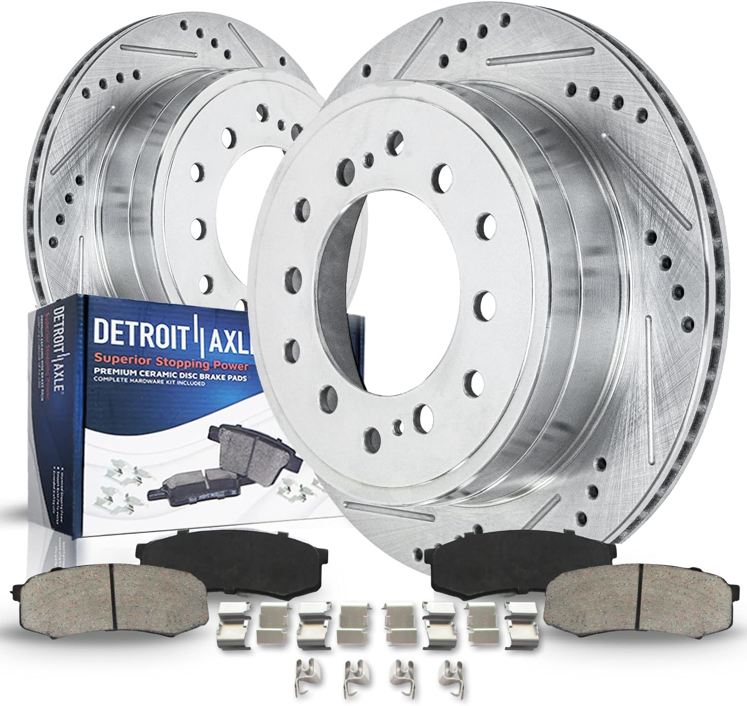 Detroit Axle - Rear Brake Kit for 2001-2007 Toyota Sequoia 2007-2009 FJ Cruiser 2003-2009 4Runner Lexus GX470, Drilled and Slotted Disc Brake Rotors Ceramic Brakes Pads Replacement : 12.28" inch Rotor