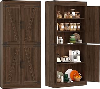 GarveeHome 71 in Tall Farmhouse Kitchen Pantry Storage Cabinet with 4 Barn Doors and Adjustable Shelves, Freestanding Rustic Wood Cupboard Storage Cabinets for Kitchen, Dining Room, Bathroom, Brown