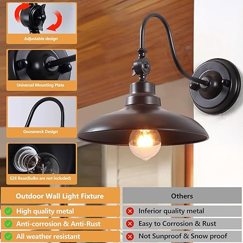 Miniatura 6 de Luces de pared retro impermeables para exteriores, cuello de cisne ajustable, luz exterior de granero de 9.8 pulgadas, lámpara de pared vintage