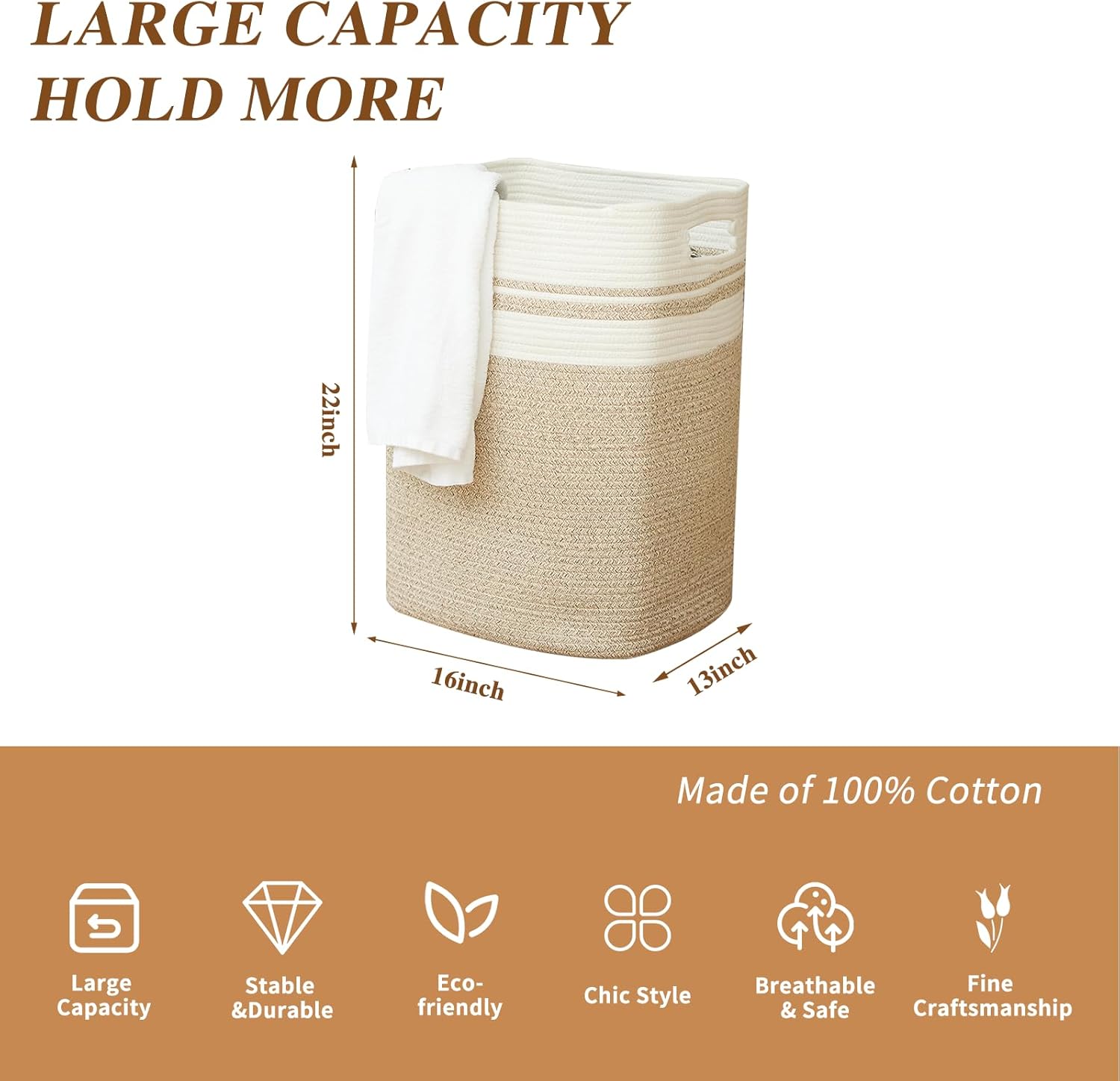 Casaphoria Laundry Hamper, Light Brown Cotton, 16x13x22in, Foldable, Square, Large, Box, 50L, Living Room, Bedroom, Laundry Room Storage