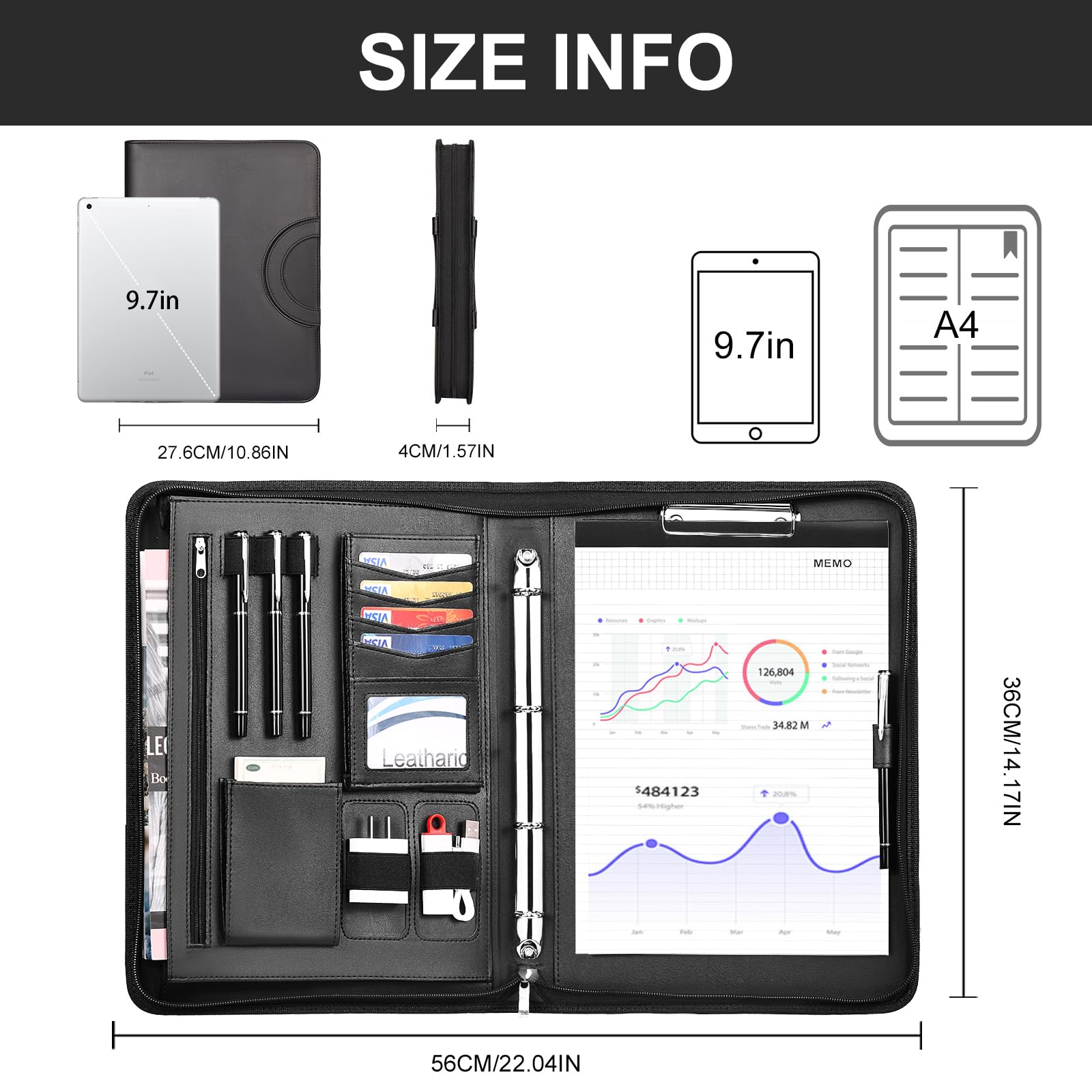 ProCase Portfolio Business Padfolio Map met handvat en rits, conferentie vergadering uitvoerend bestand juridische document organisator met zakken briefformaat A4 schrijfblok notitieblok Padfolio