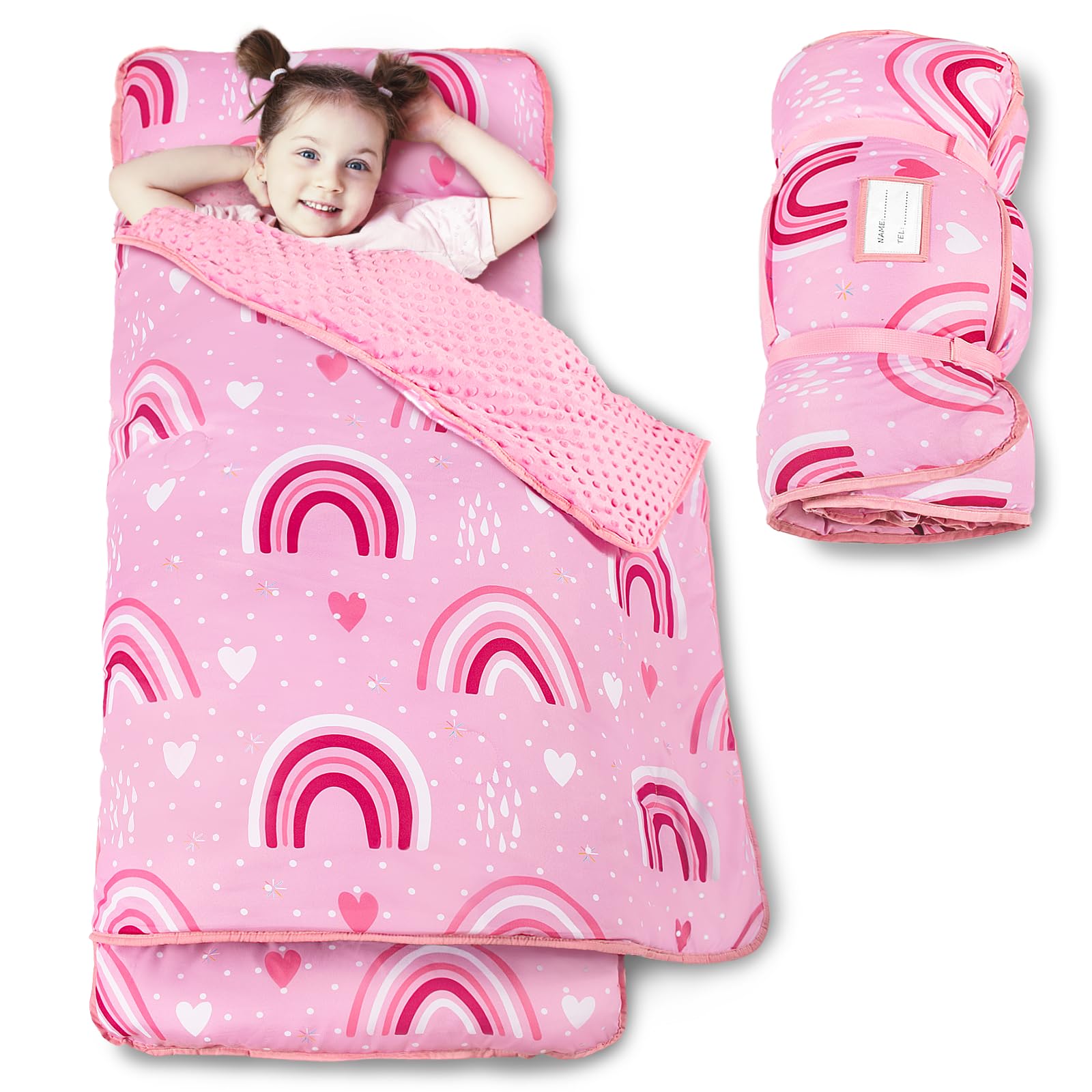 Beavtaens Toddler Nap Mat with Pillow and Minky Blanket, Large 55"x35" Sleeping Bag, Washable, Lightweight, Easy to Roll, Perfect for Preschool,