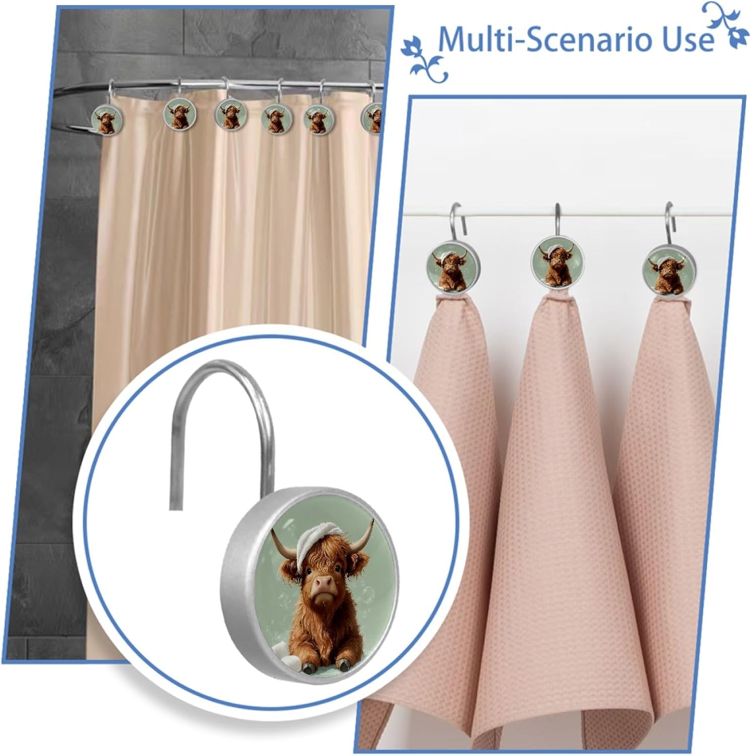 Bathing Highland Cow Shower Curtain Hooks Rings, 12 Pcs Round Resin Glass Shower Curtain Hangers for Bathroom, Rust Proof Stainless Steel Shower Hooks for Shower Curtain Rod