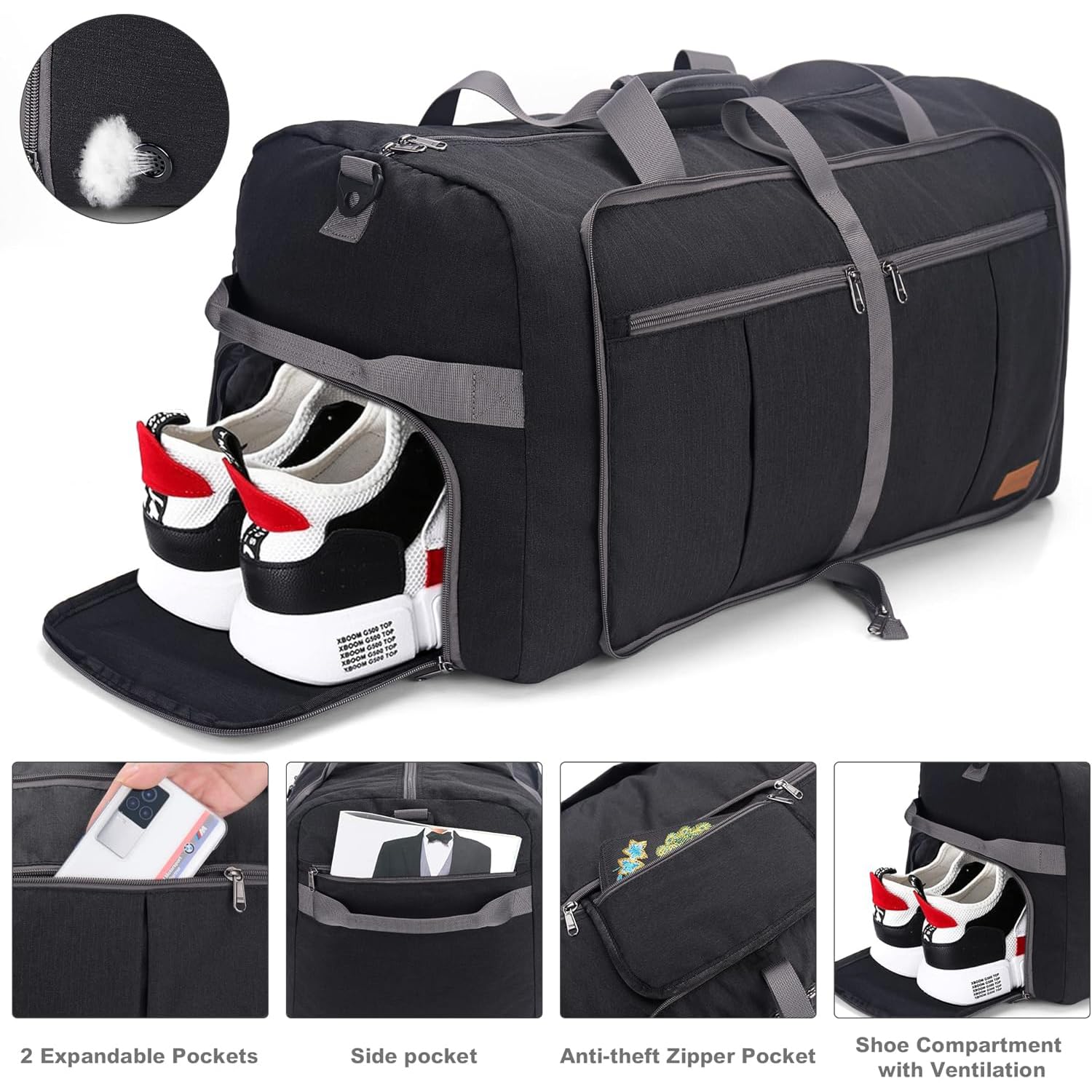 Upeelife Sac Voyage Pliables 125L, Grand Sacs de Voyage Femme Homme Sac de Sport, Etanche Sac Weekend avec Compartiment à Chaussures et Poche Humide
