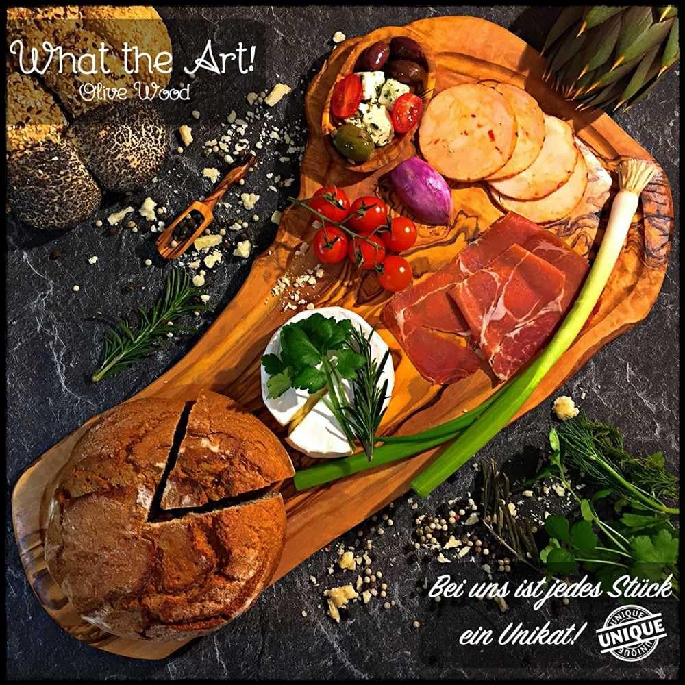 What the Art!® Olive Wood «Big Rustic» Gr. L | Olivenholz Schneidebrett + Dip-Schälchen | Handarbeit | ca. 46-49 x 20-26 x 2 cm | Käsebrett - Hackbrett - Tranchierbrett - Servierbrett