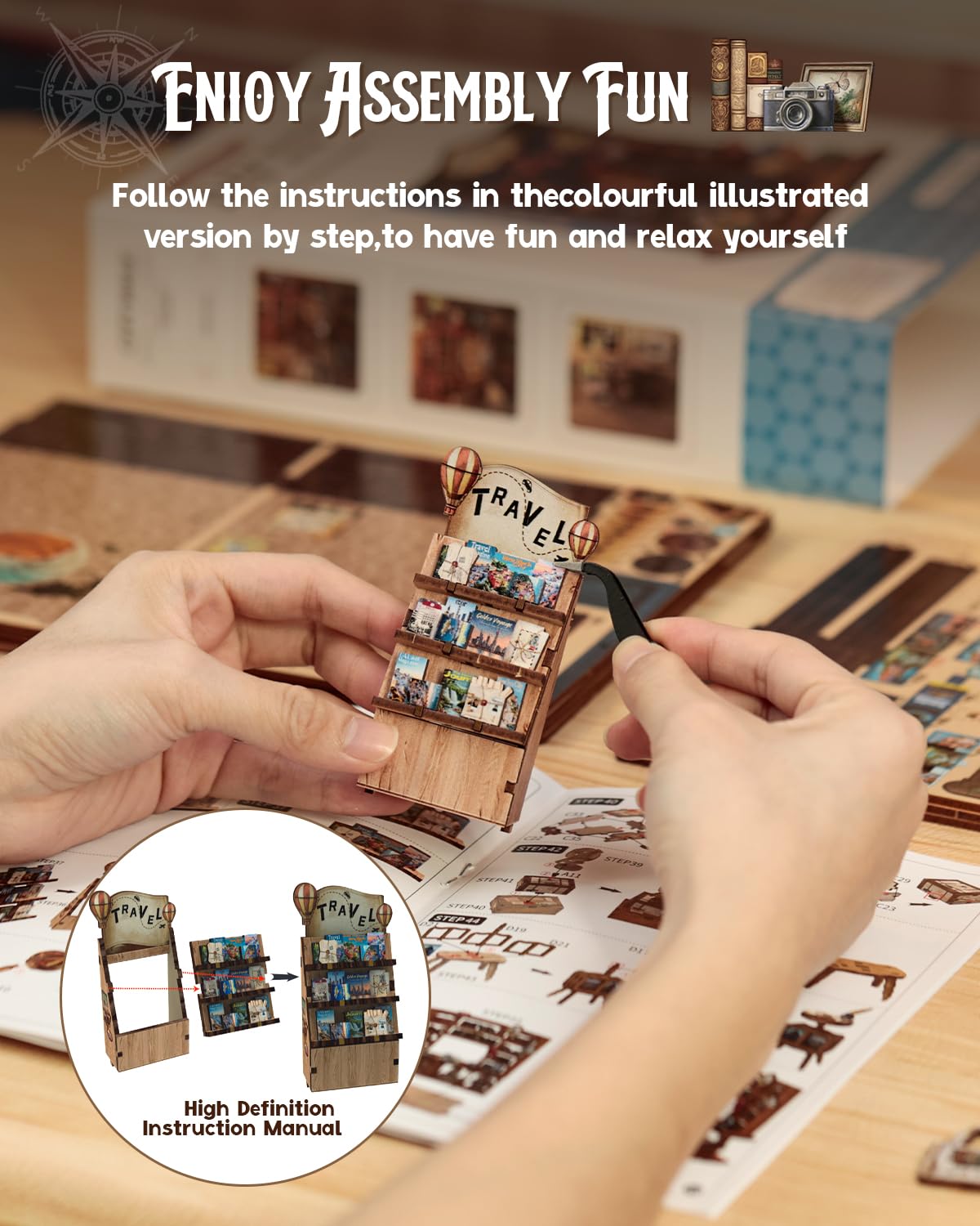 Cutefun Kit per angolo libro, kit fai da te in miniatura per adulti, puzzle 3D in legno con LED (Tragitto libreria)