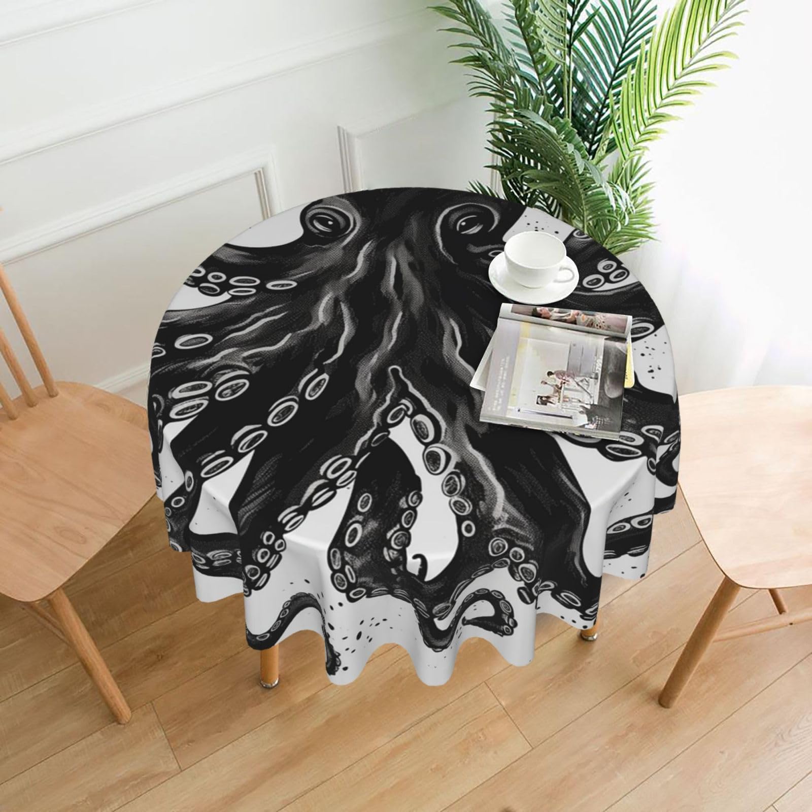 FodPand Classic Black Octopus Tablecloths for Round Tables 60 Inch - Reusable Washable Dining Table Clothes - Stain and Wrinkle Resistant Decorative Fabric Table Cover for Wedding Party