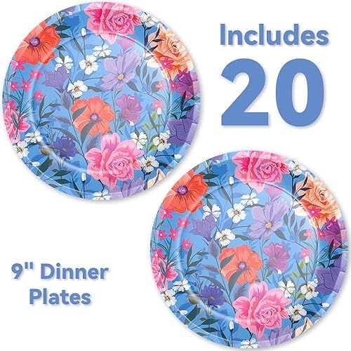 Miniatura 2 de Stonehouse Collection Platos y servilletas de papel con flores azules, 20 platos de papel de 9 pulgadas y 20 servilletas, 40 unidades en total,