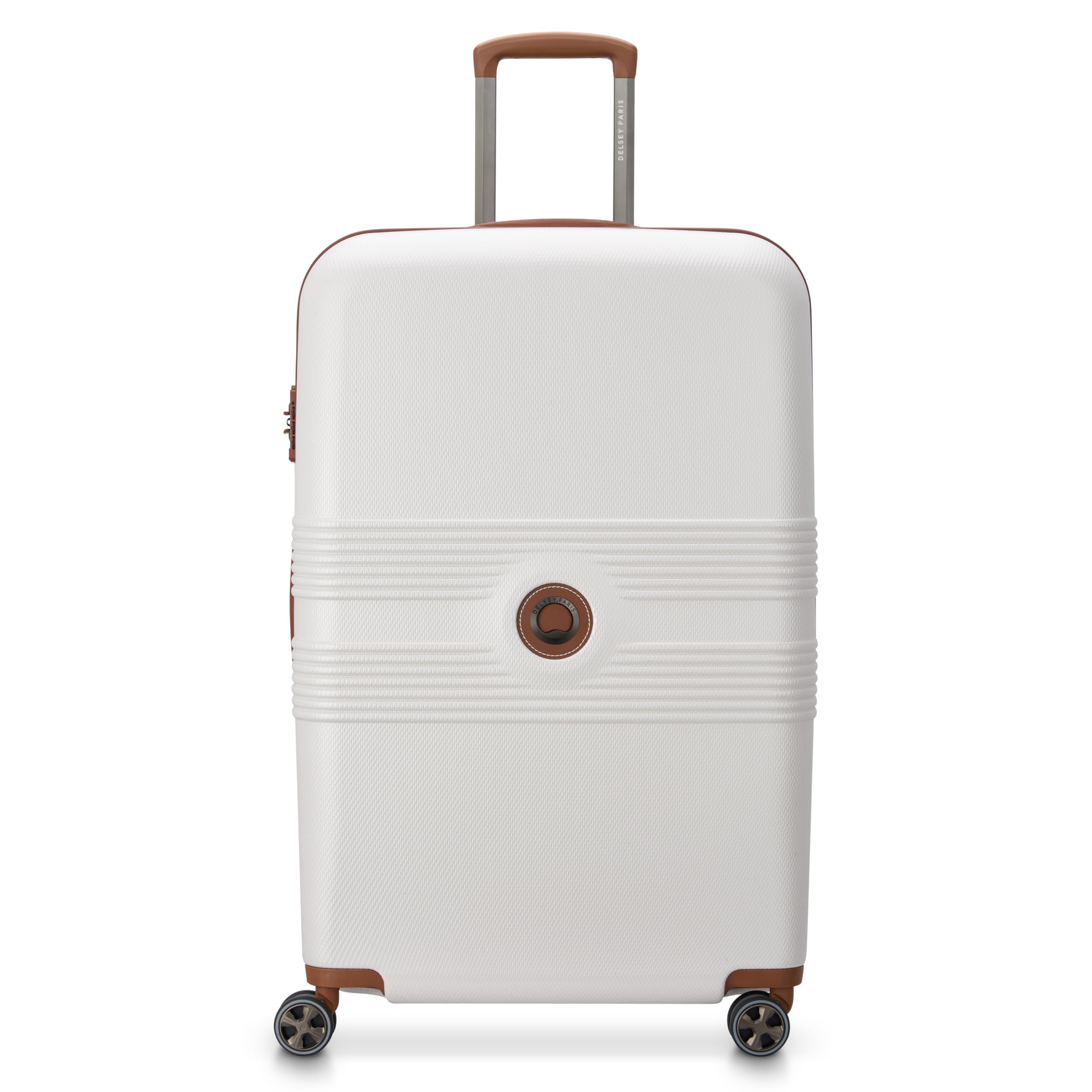 Flanerie SE - Hardside Checked In Luggage 28 Inch - 360° Dual Spinner Wheels - TSA Lock - Lightweight Polycarbonate Travel Suitcase with Vegan Leather, Champagne