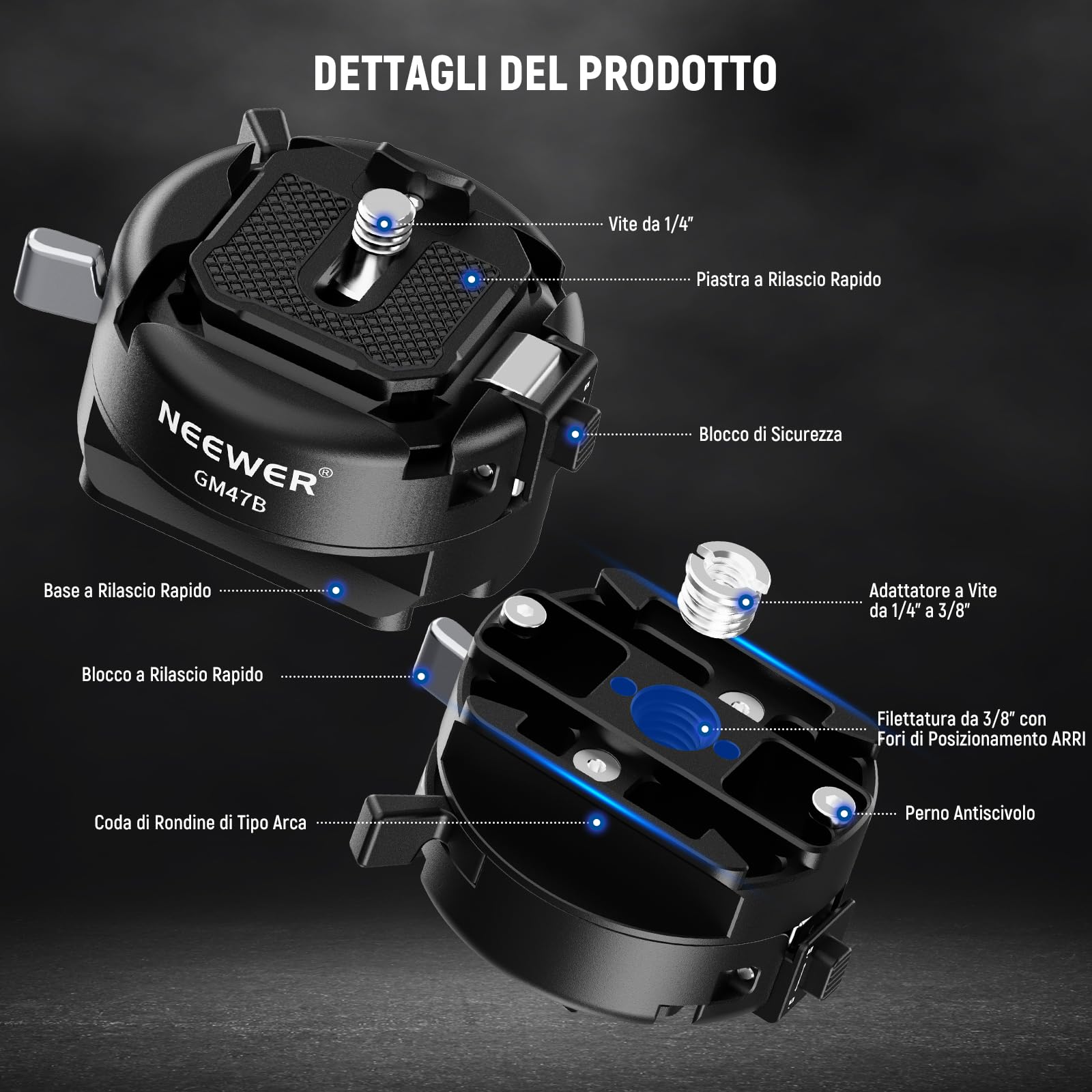 NEEWER GM47B Kit Piastra a Sgancio Rapido, Adattatore Treppiede Fotocamera QR Quadrato con Base a Morsetto Compatibile con Arca Swiss DJI Ronin RS 4 Pro RS 3 RS 2 Peak Design Capture V3 Camera Clip