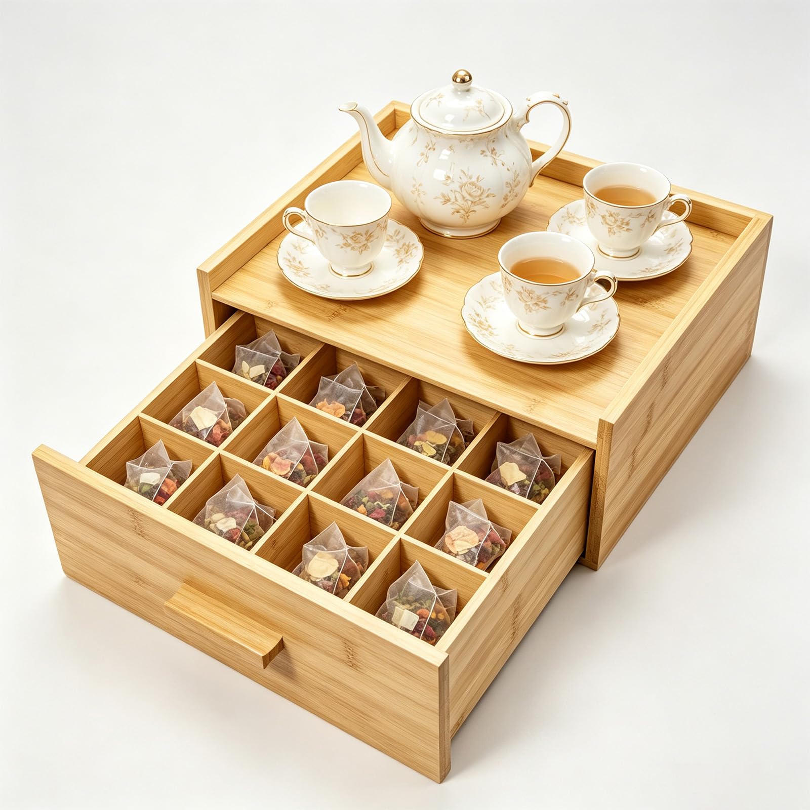 Boîte de rangement en bambou marron avec tiroir, 12 compartiments pour comptoir de thé, boîte à thé en bois naturel pour dosettes de café, sachets de sucre, sachets de thé