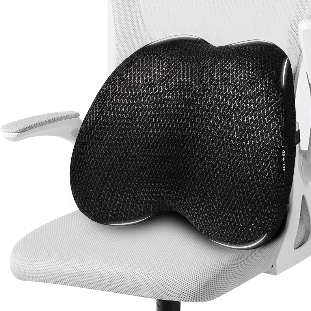 Lumbar Support Pillow Office Chair Car Back Pillow, Ergonomic Lower Back Pain Relief Breathable Air Fiber Cushion for Long Sitting Worker Driver & Handicapped, Adjustable Strap (Black)