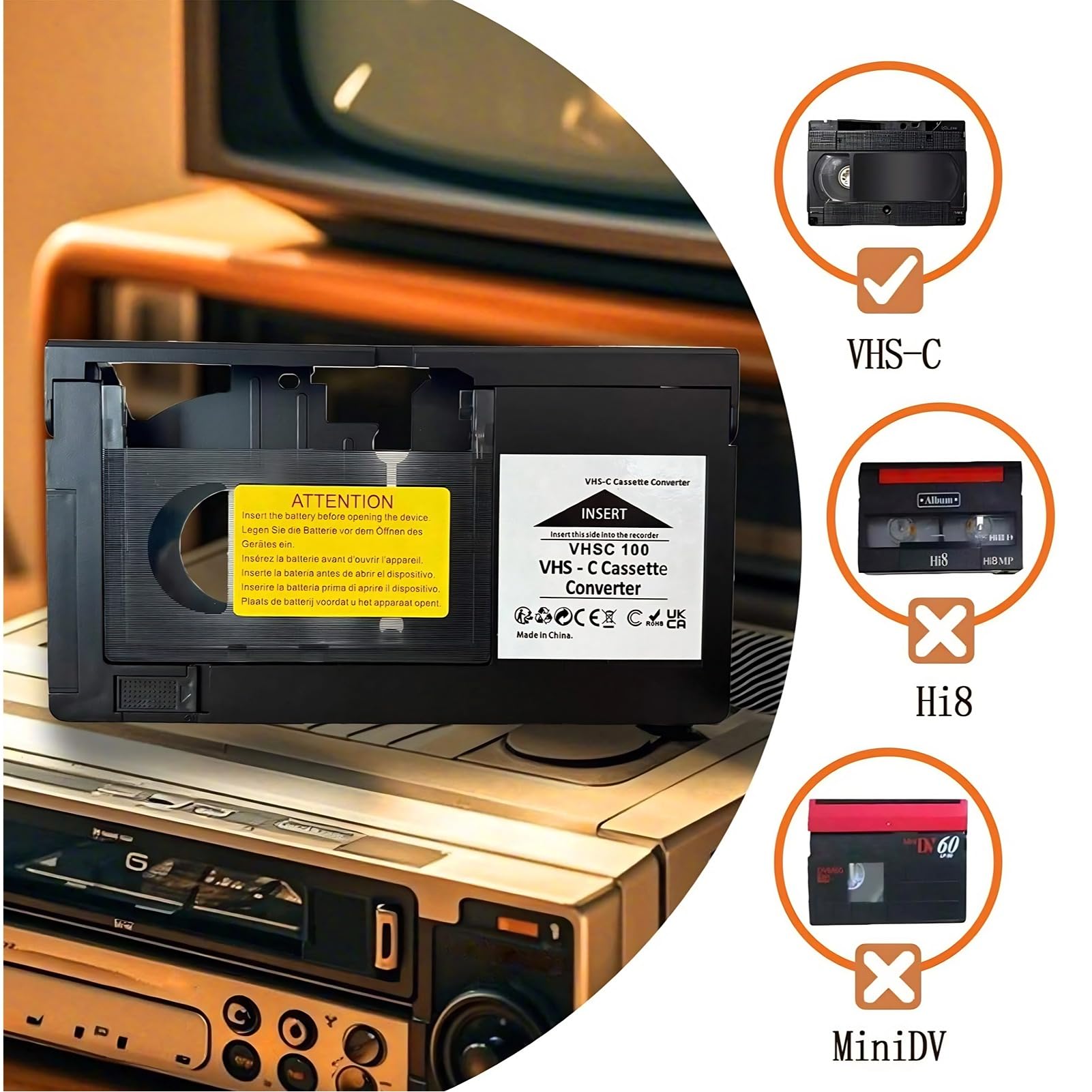 Motorisierter Kassettenadapter 8mm Video Cassette Player Wiedergabe- und Aufnahmefunktion Kassettenadapter Kompatibel, Einfach mit Einem VHS-C