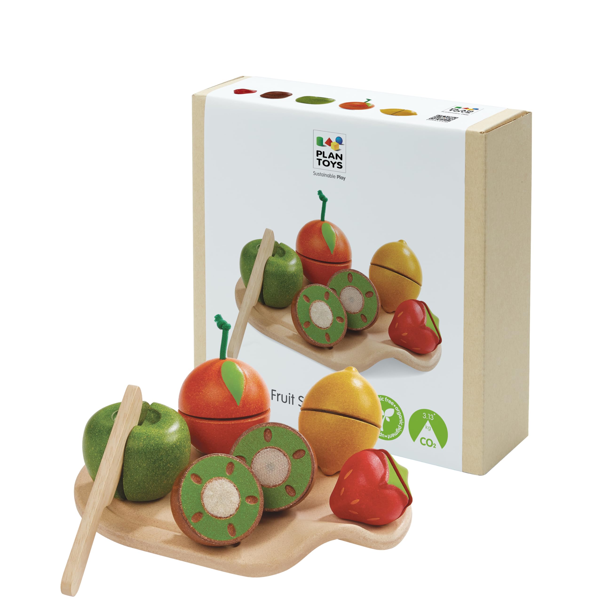 PlanToys 7 Piece Assorted Fruit Kitchen Food Playset (3600) | Sustainably Made from Rubberwood and Non-Toxic Paints and Dyes Assorted Fruit Set